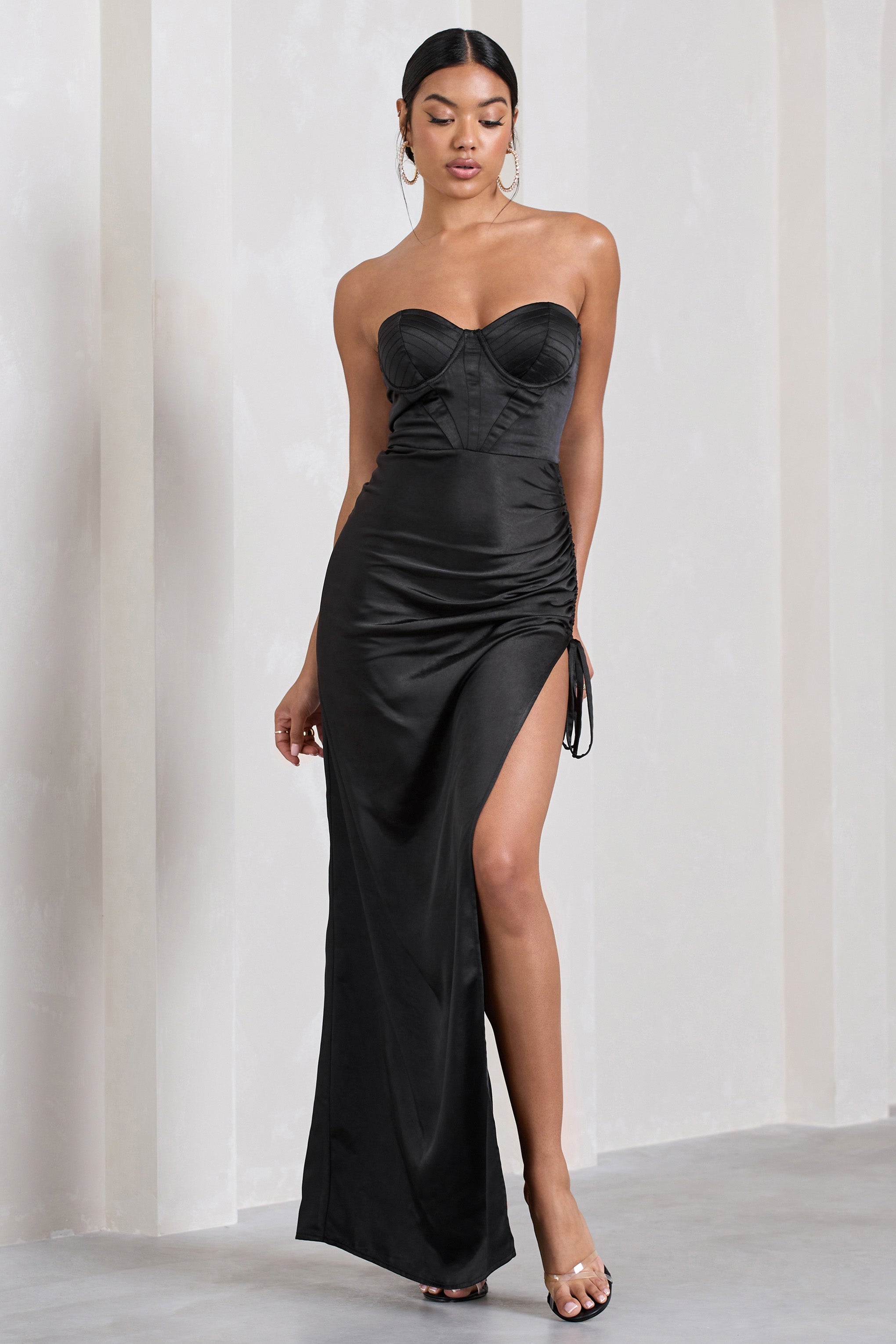 Black Satin Sweetheart Corset Asymmetric Maxi Dress