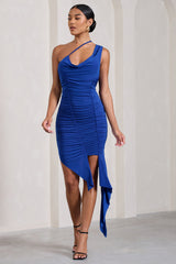 Cobalt Blue Asymmetric Ruched Ruffled Mini Dress