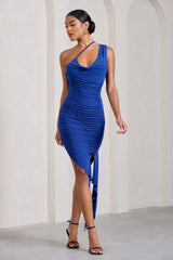 Cobalt Blue Asymmetric Ruched Ruffled Mini Dress