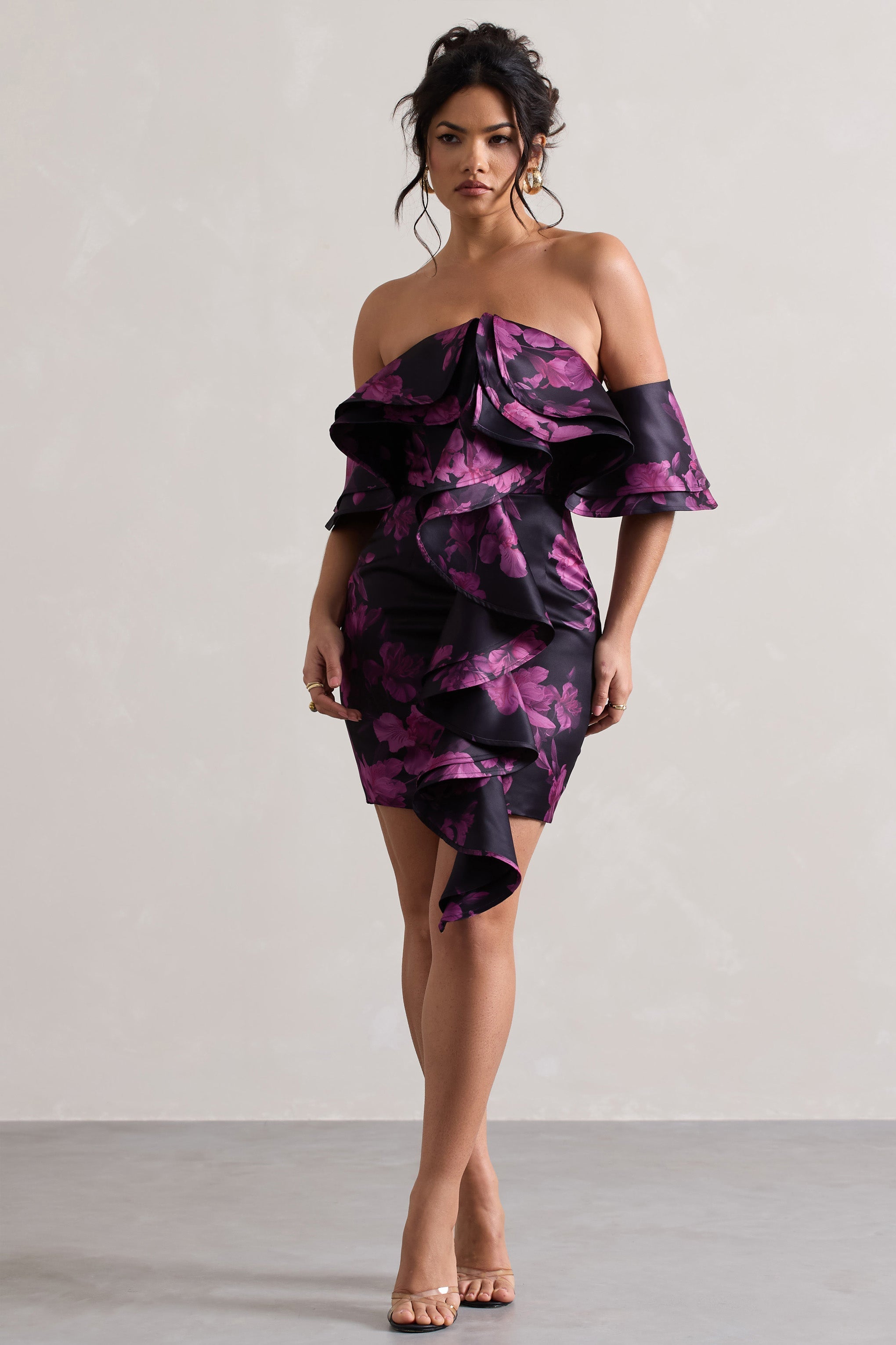 Black Floral Print Bardot Mini Dress With Ruffles