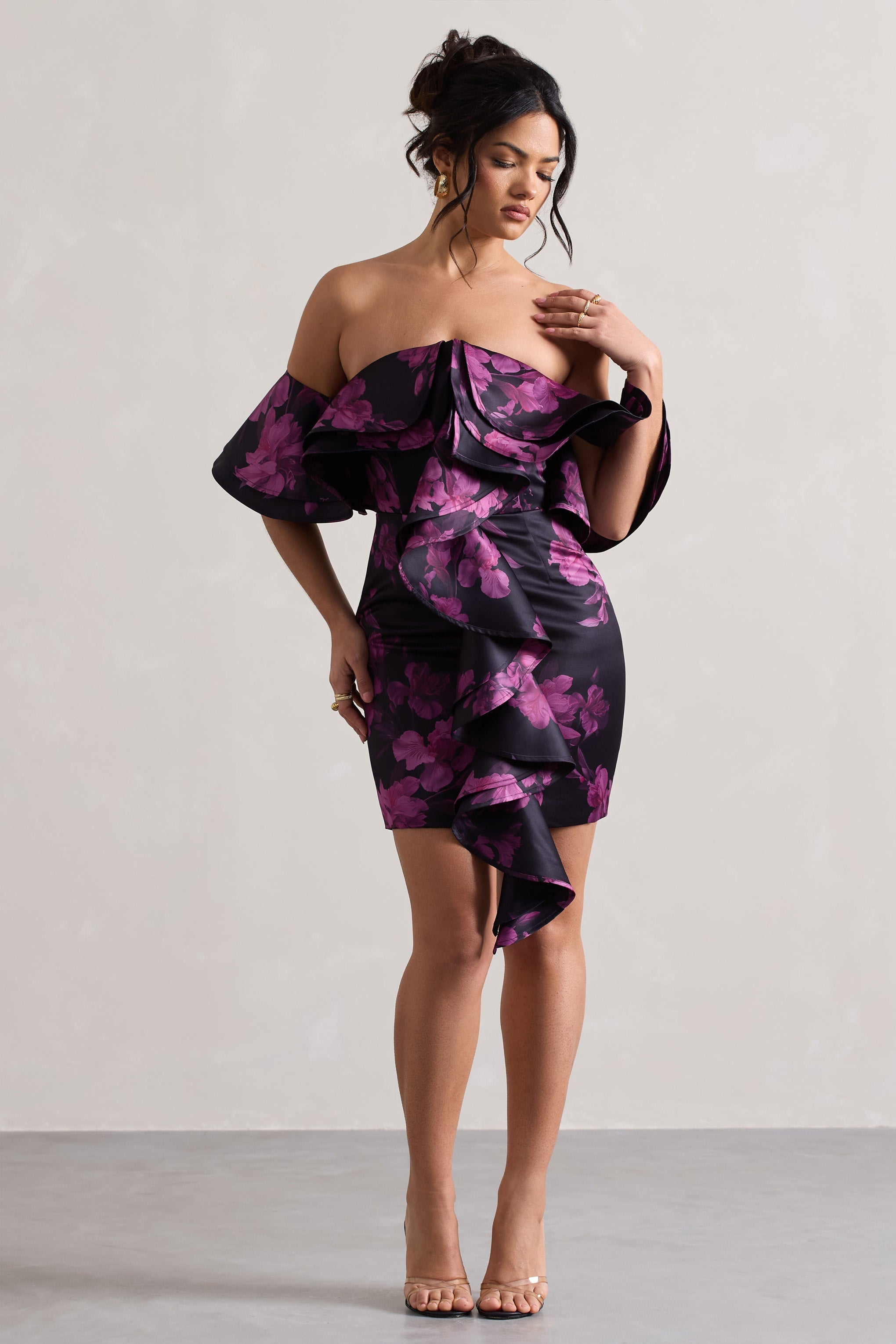Black Floral Print Bardot Mini Dress With Ruffles