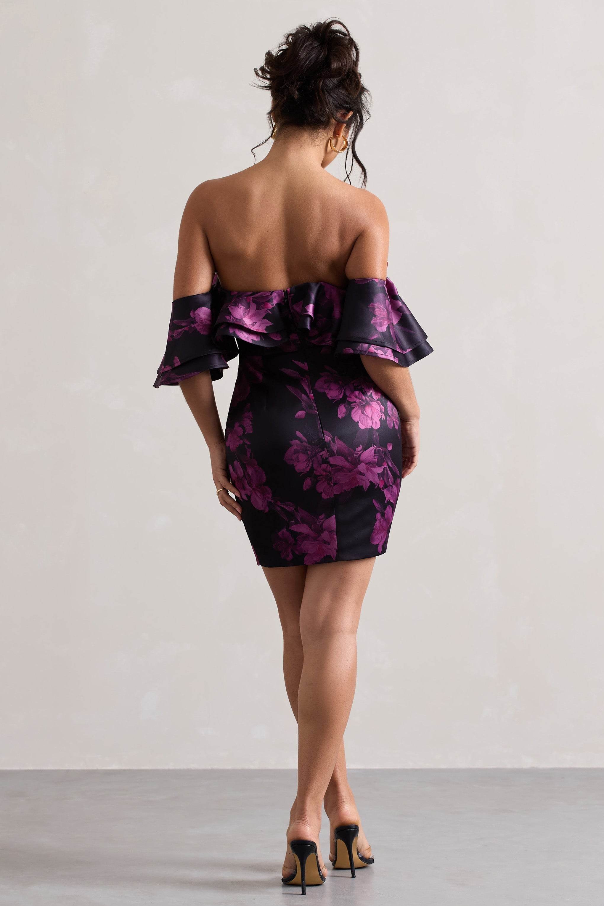 Black Floral Print Bardot Mini Dress With Ruffles