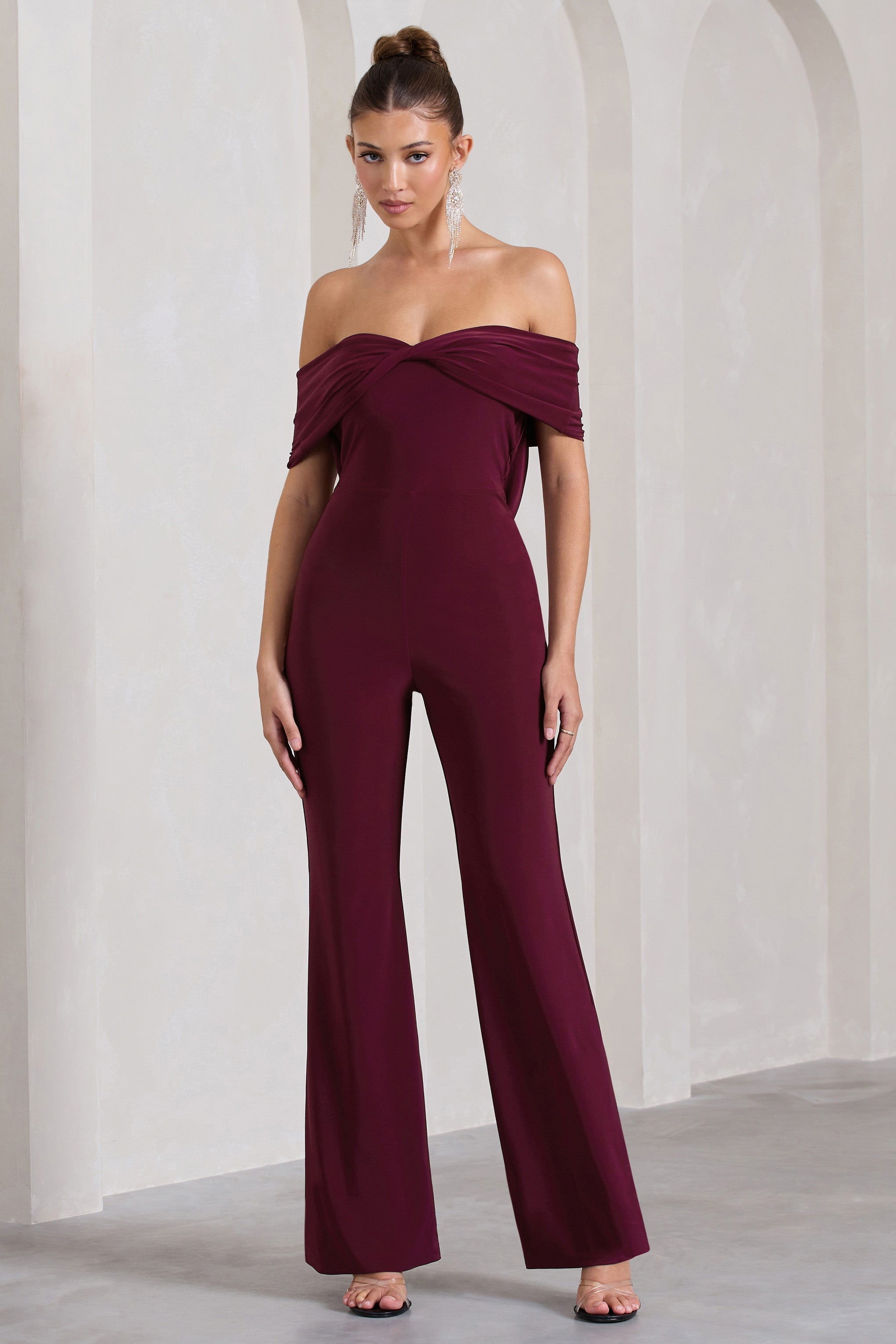 Burgundy Bardot Open-Back Flared-Leg Jumpsuit