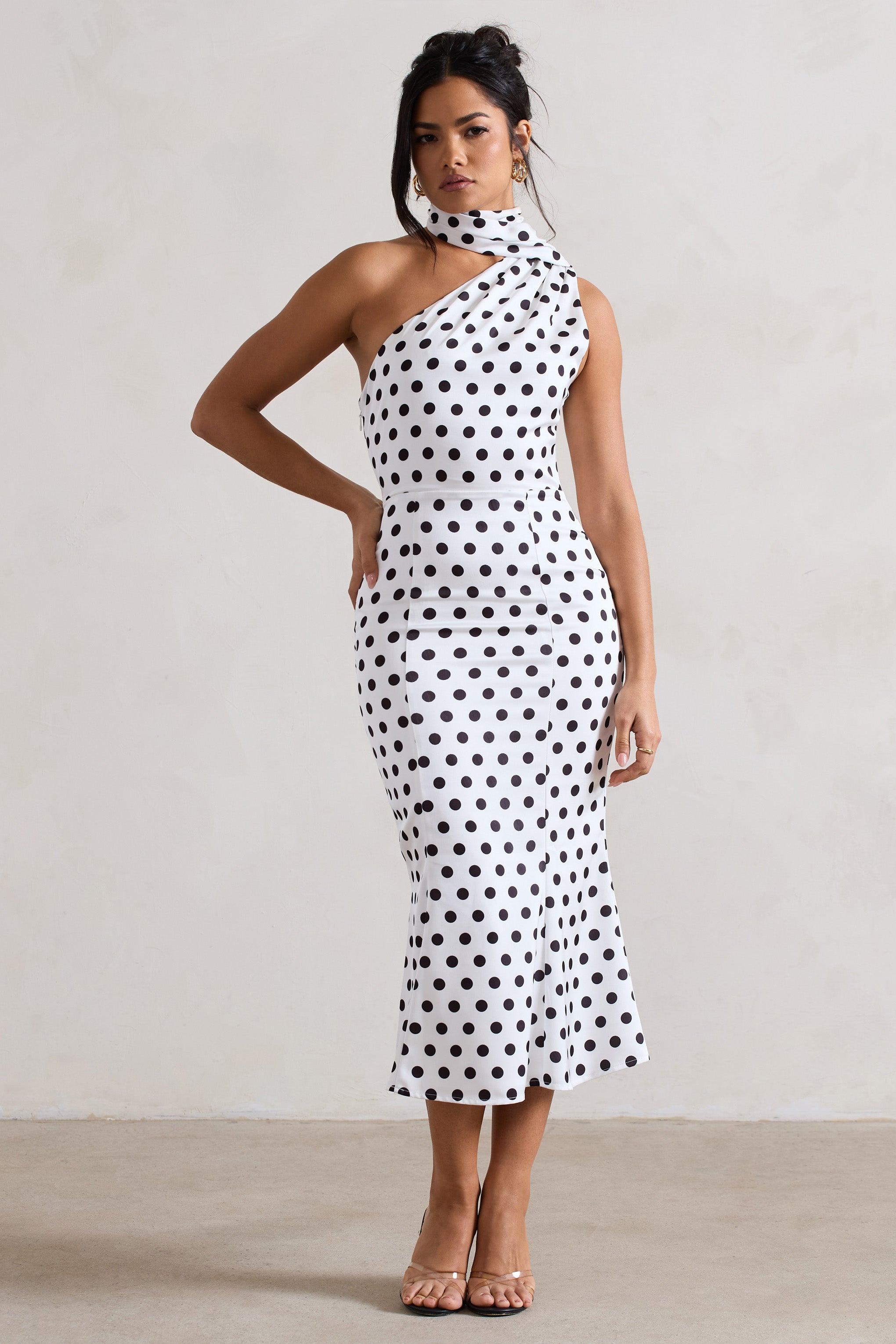 White Polka Dot One Shoulder High-Neck Flared Midi Dress