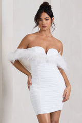 White Sweetheart Mini Dress With Chiffon Feather Sleeves