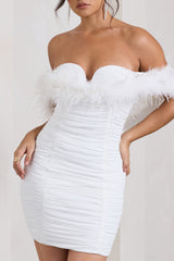 White Sweetheart Mini Dress With Chiffon Feather Sleeves