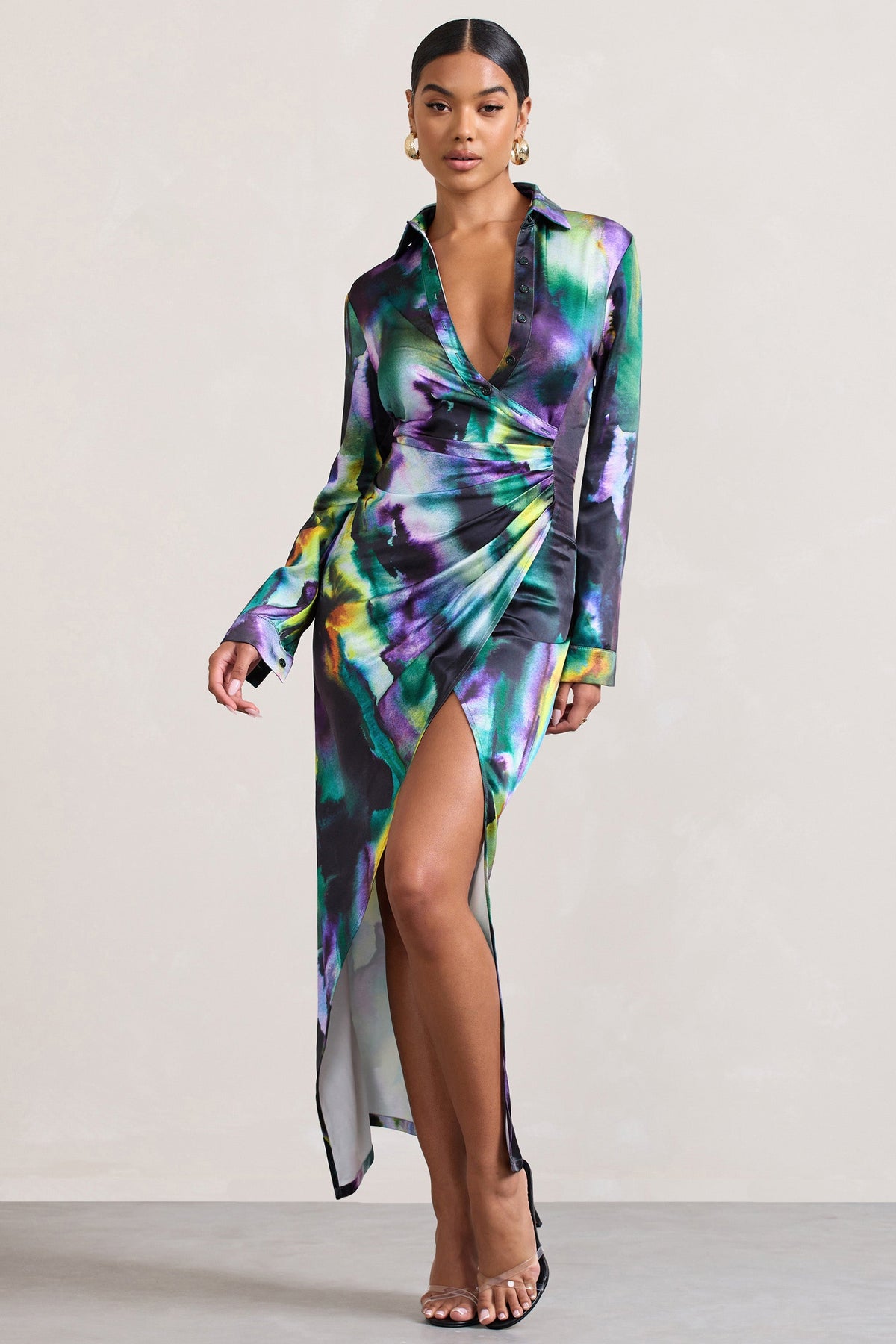 Watercolour Print Satin Long-Sleeved Maxi Shirt Dress