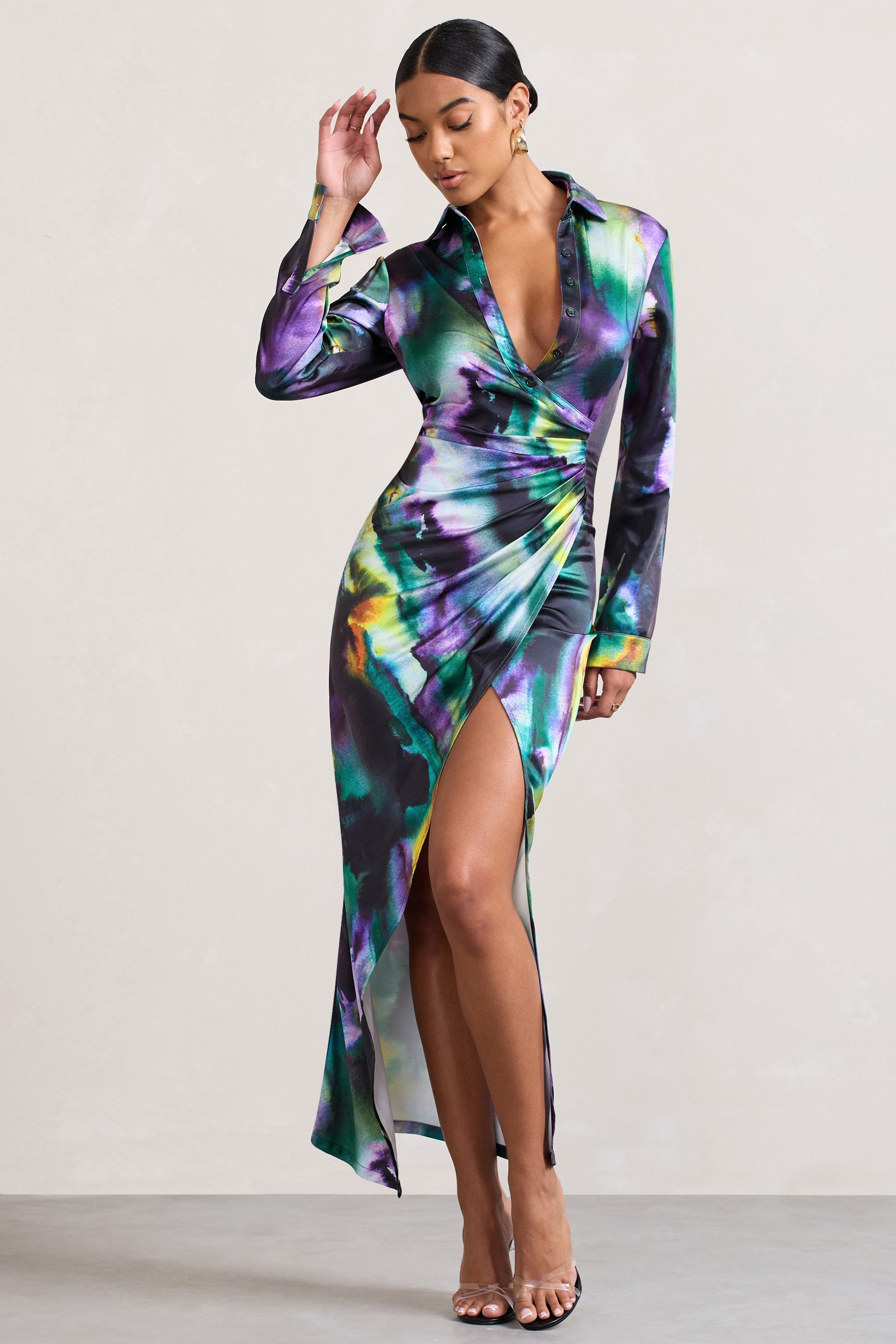 Watercolour Print Satin Long-Sleeved Maxi Shirt Dress