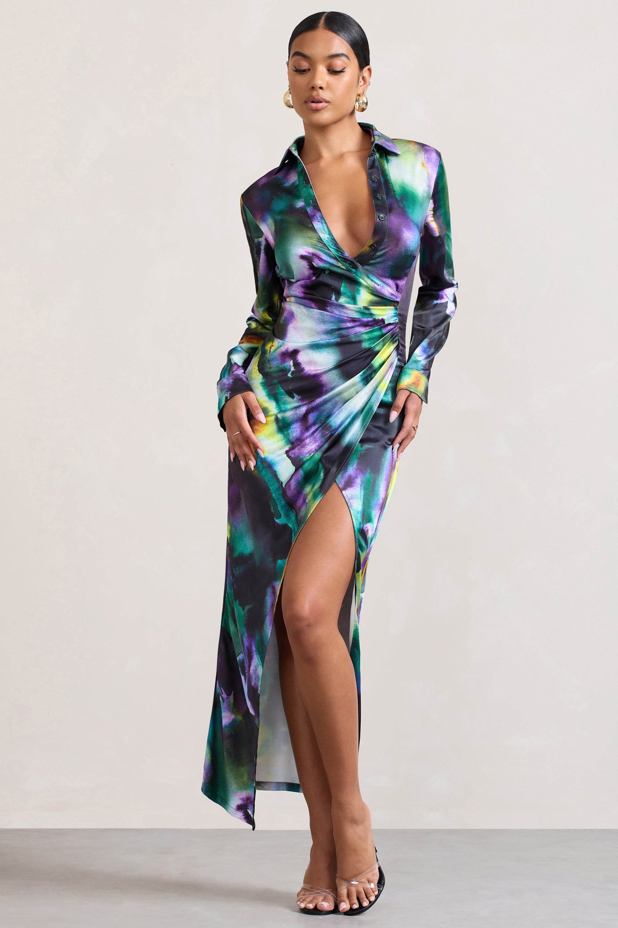 Watercolour Print Satin Long-Sleeved Maxi Shirt Dress