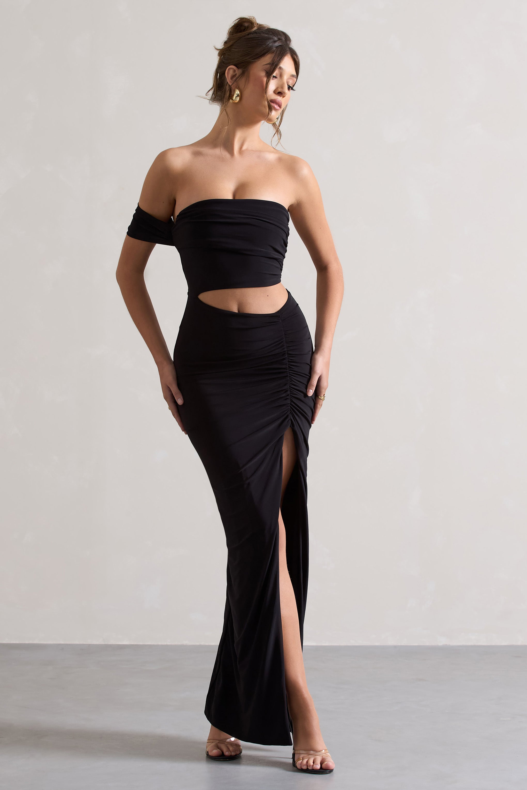 Black One-Sleeved Cut-Out Split Maxi Dress