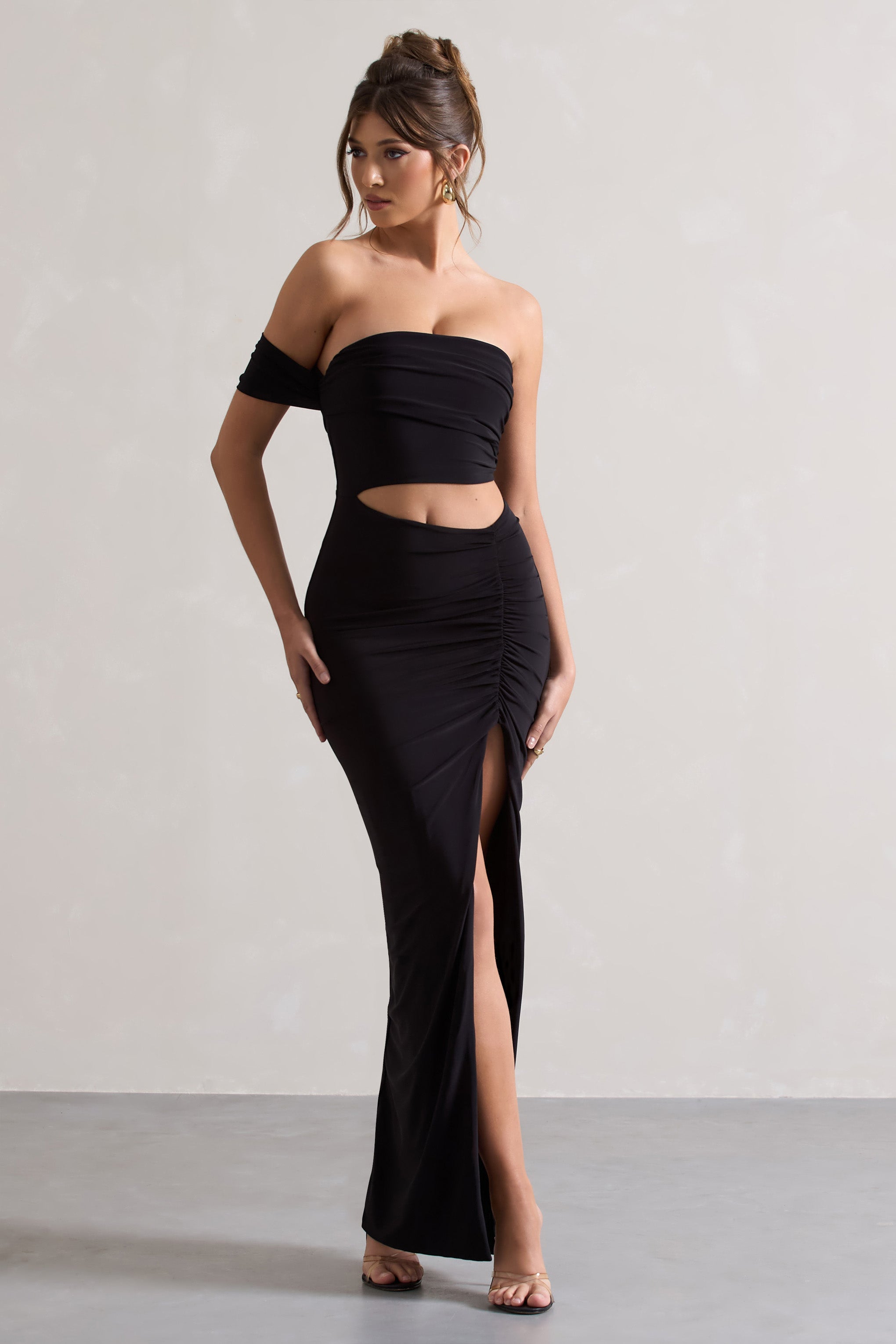 Black One-Sleeved Cut-Out Split Maxi Dress