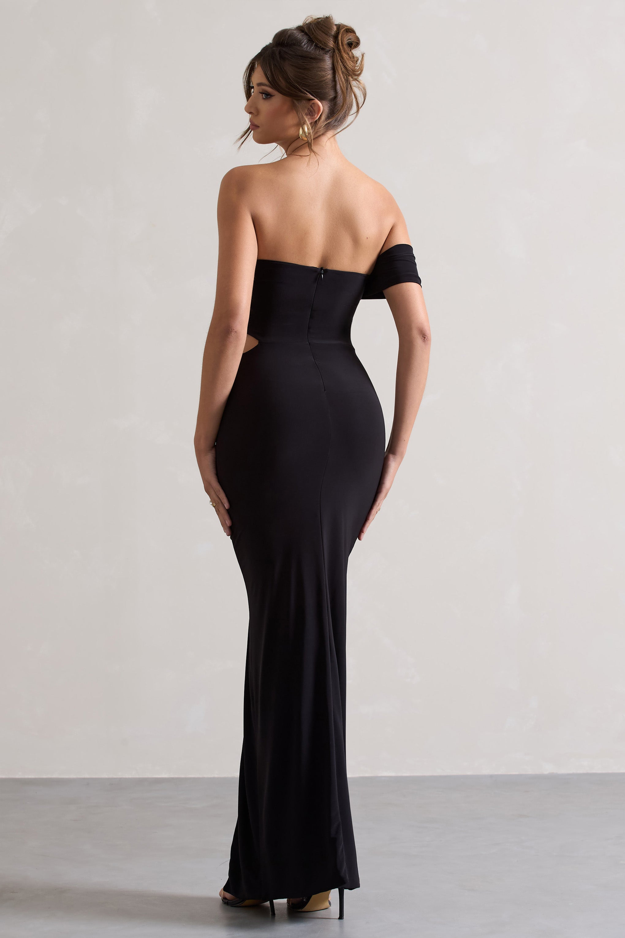 Black One-Sleeved Cut-Out Split Maxi Dress