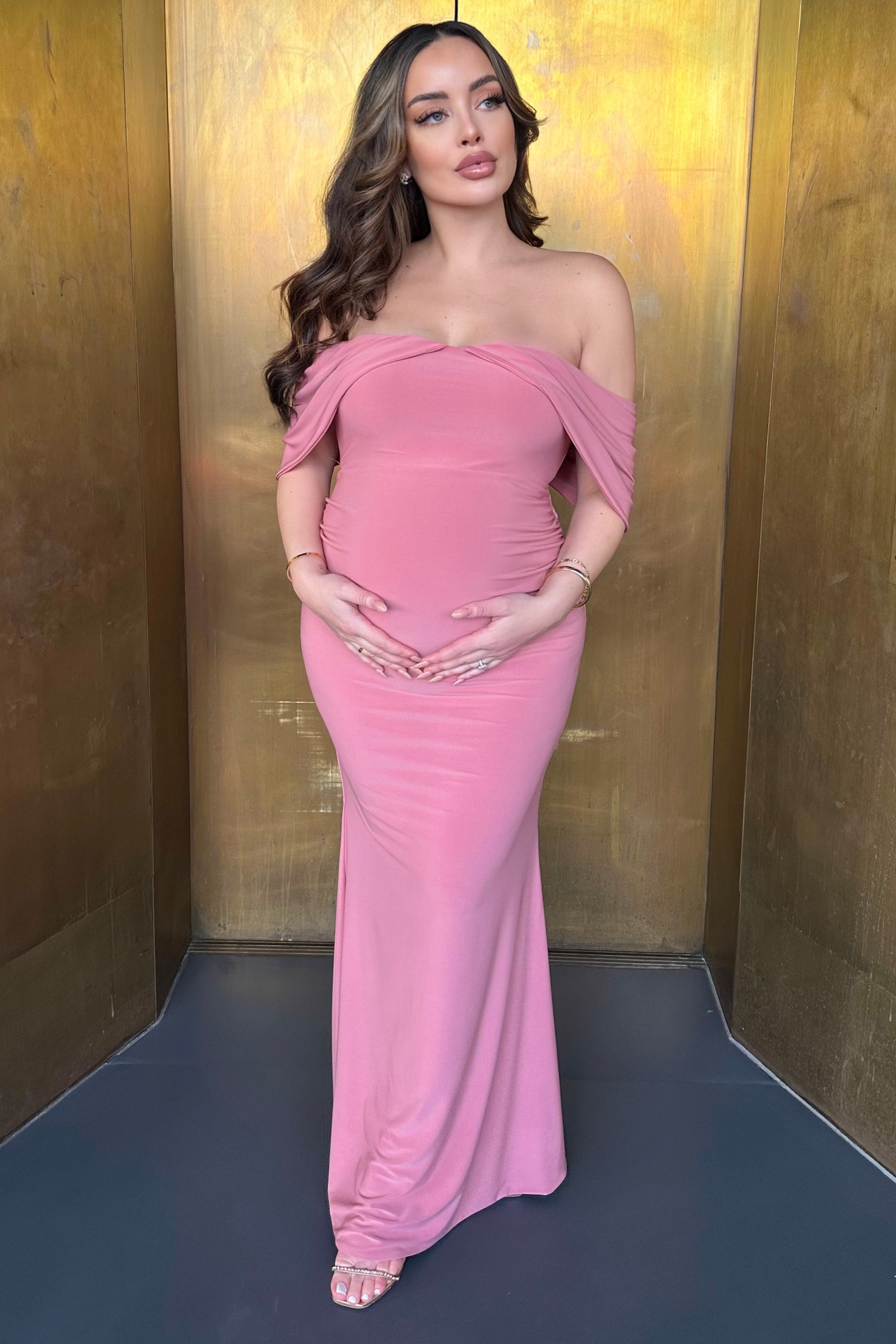 Blush Pink Draped Sleeve Bardot Maternity Maxi Dress