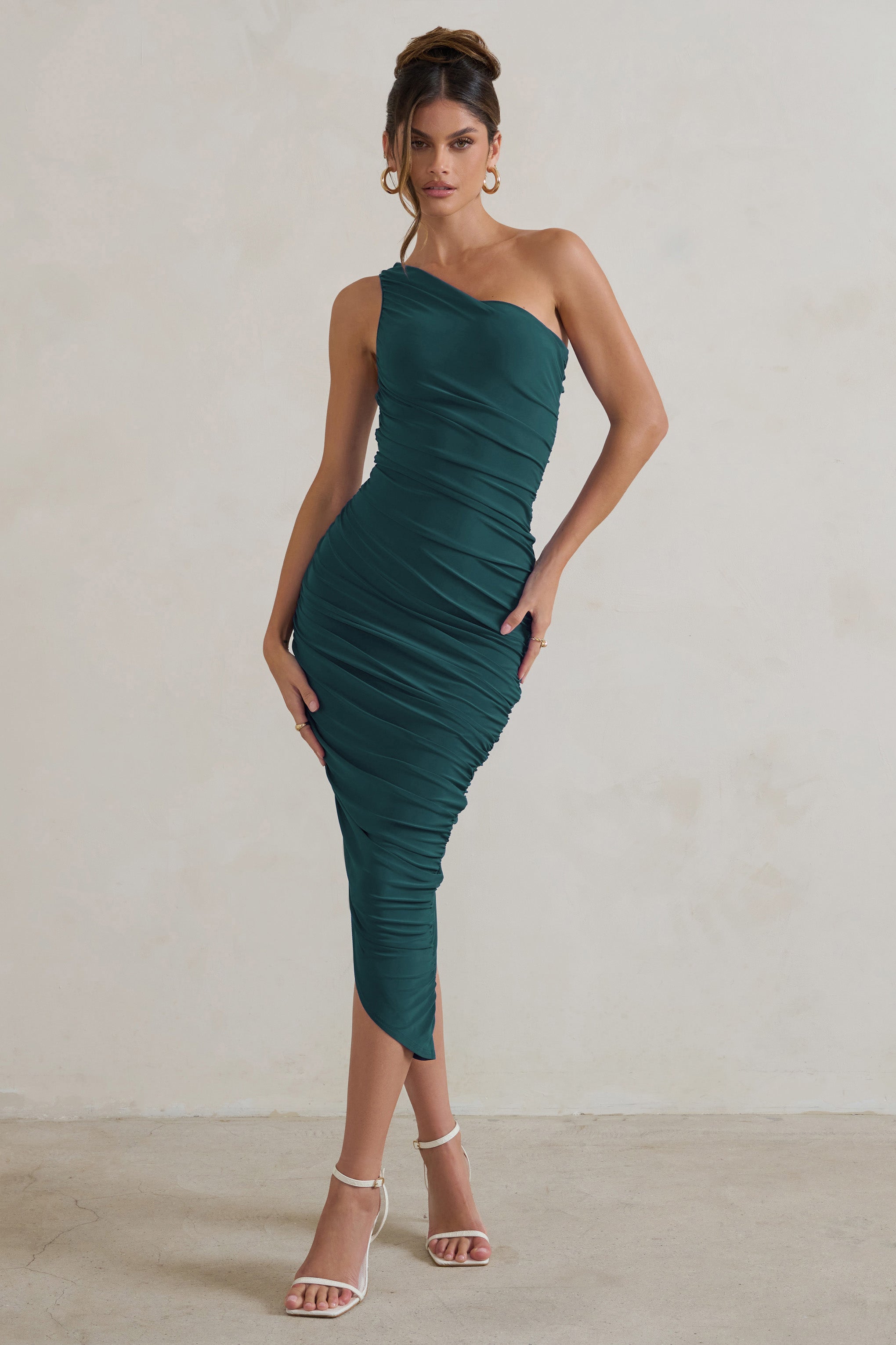 Bottle Green One Shoulder Asymmetric Ruched Midi Dress