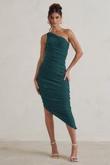 Bottle Green One Shoulder Asymmetric Ruched Midi Dress