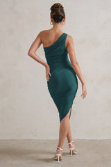 Bottle Green One Shoulder Asymmetric Ruched Midi Dress