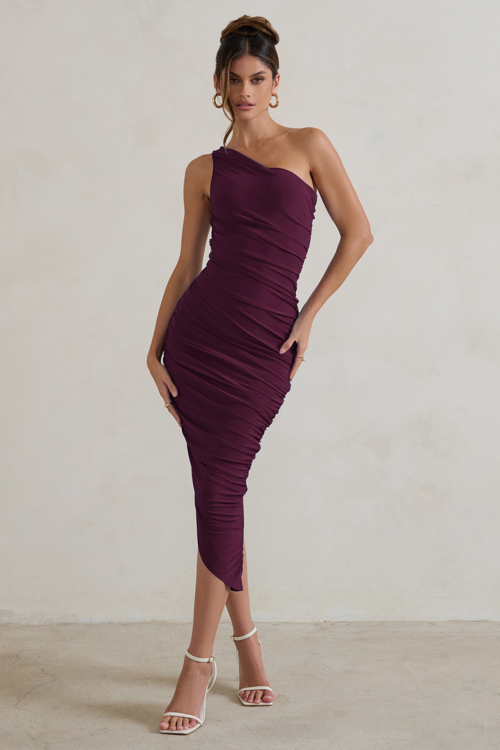 Plum One Shoulder Asymmetric Ruched Midi Dress