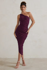 Plum One Shoulder Asymmetric Ruched Midi Dress