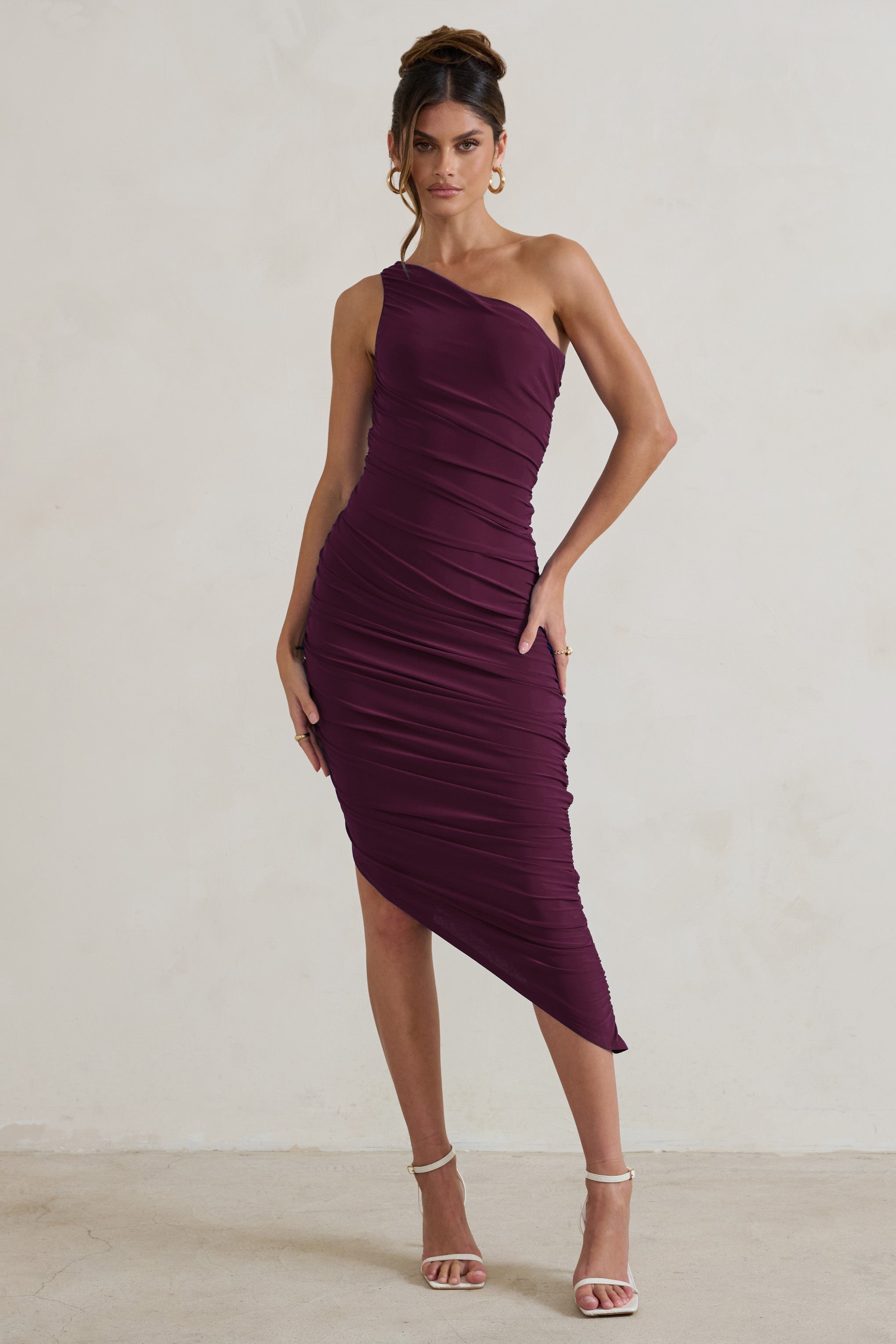 Plum One Shoulder Asymmetric Ruched Midi Dress
