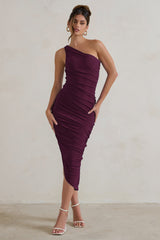 Plum One Shoulder Asymmetric Ruched Midi Dress