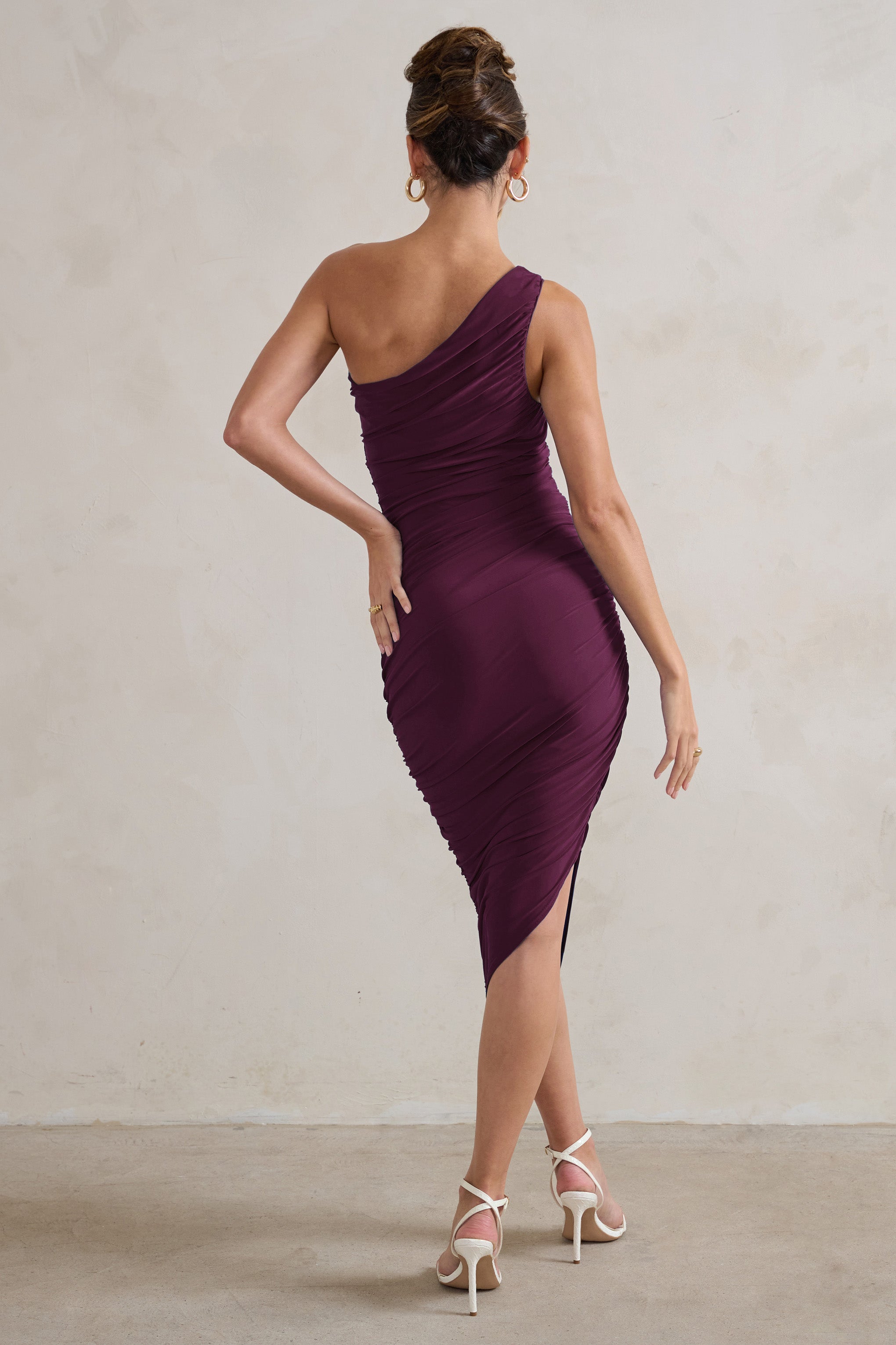 Plum One Shoulder Asymmetric Ruched Midi Dress