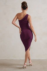 Plum One Shoulder Asymmetric Ruched Midi Dress