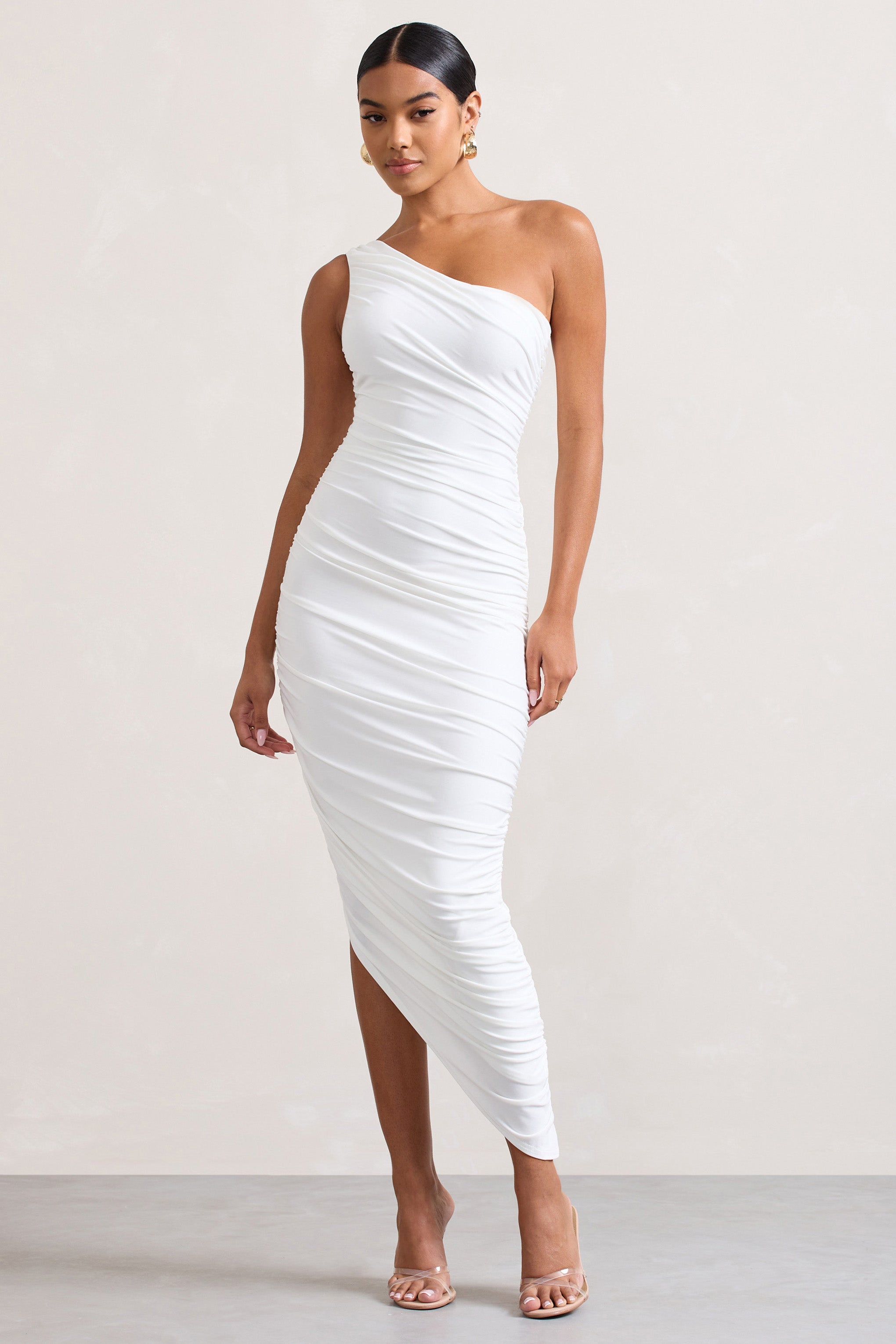 White One Shoulder Asymmetric Ruched Midi Dress