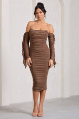 Mocha Ruched Mesh Bardot Midi Dress