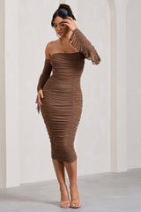 Mocha Ruched Mesh Bardot Midi Dress