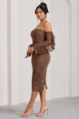 Mocha Ruched Mesh Bardot Midi Dress