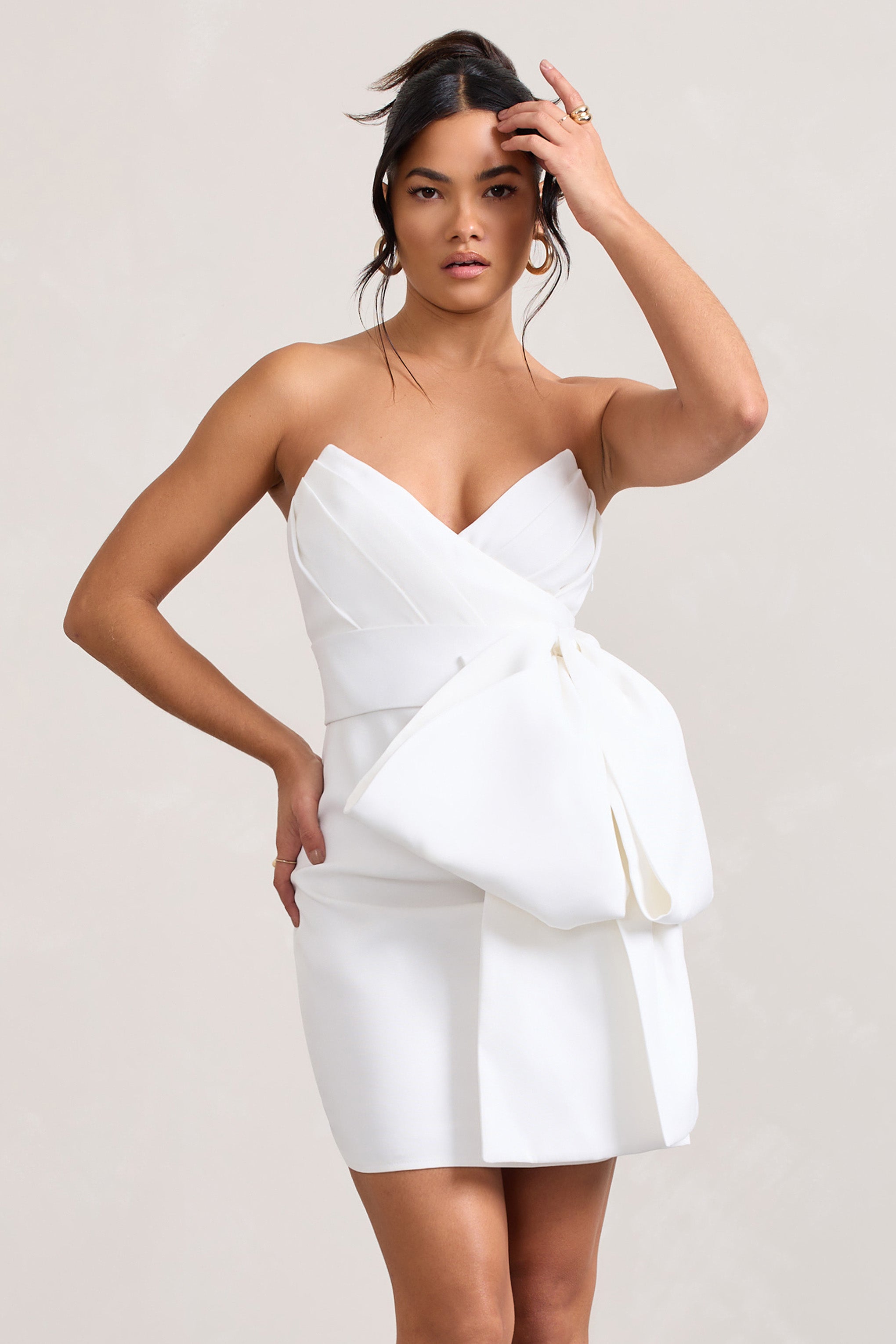 White Bandeau Mini Dress With Oversized Bow