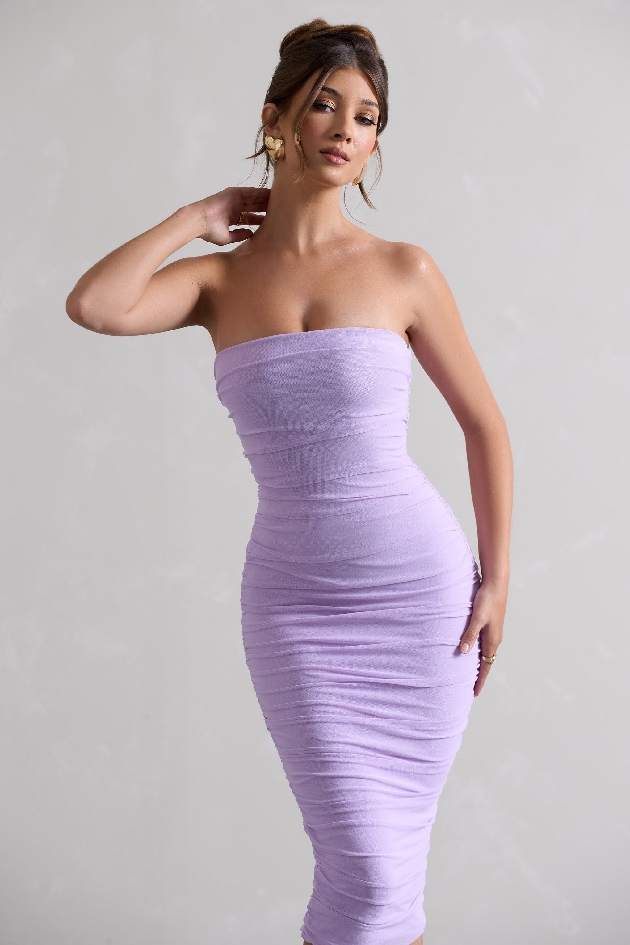 Lilac Strapless Bodycon Ruched Mesh Midi Dress