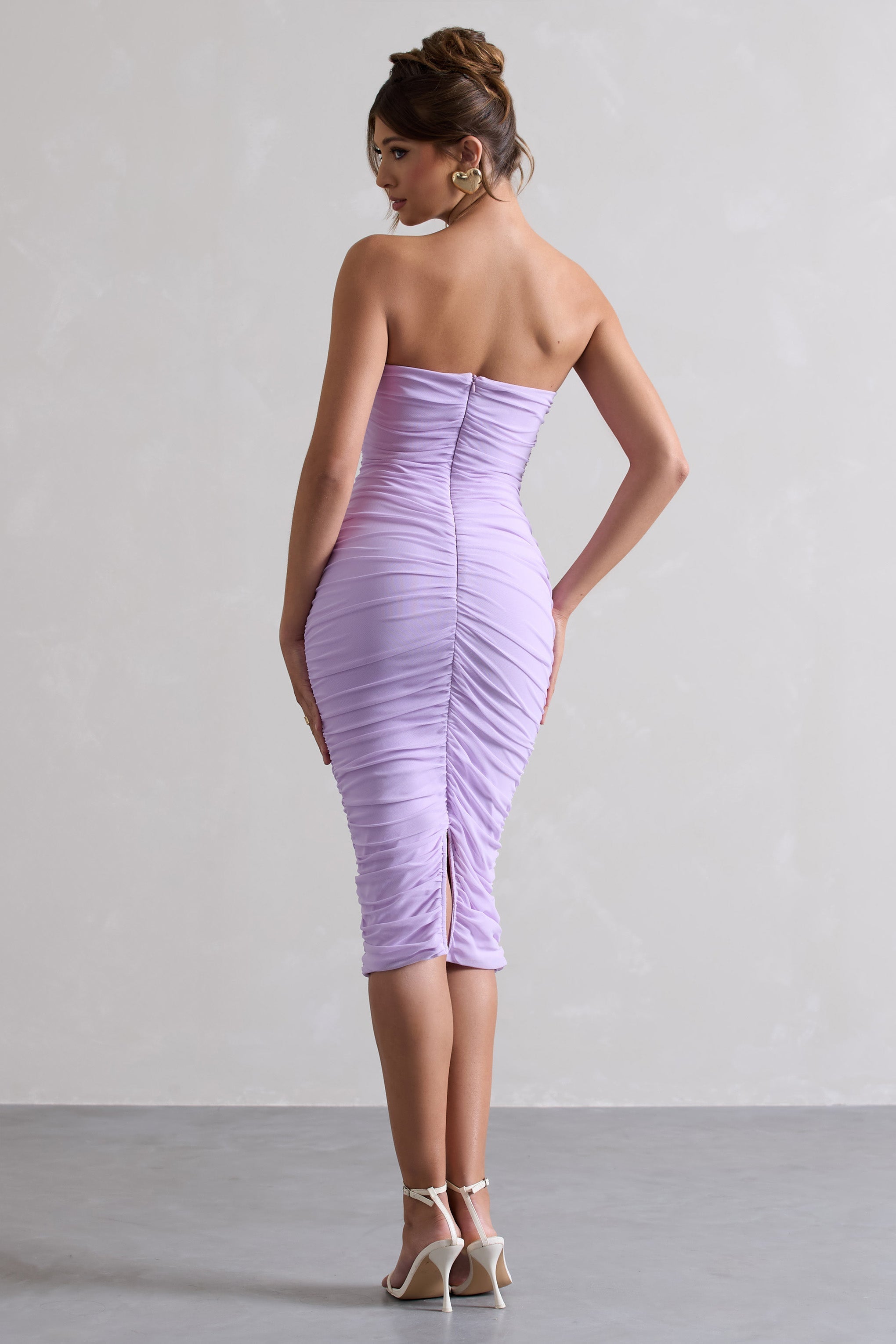 Lilac Strapless Bodycon Ruched Mesh Midi Dress
