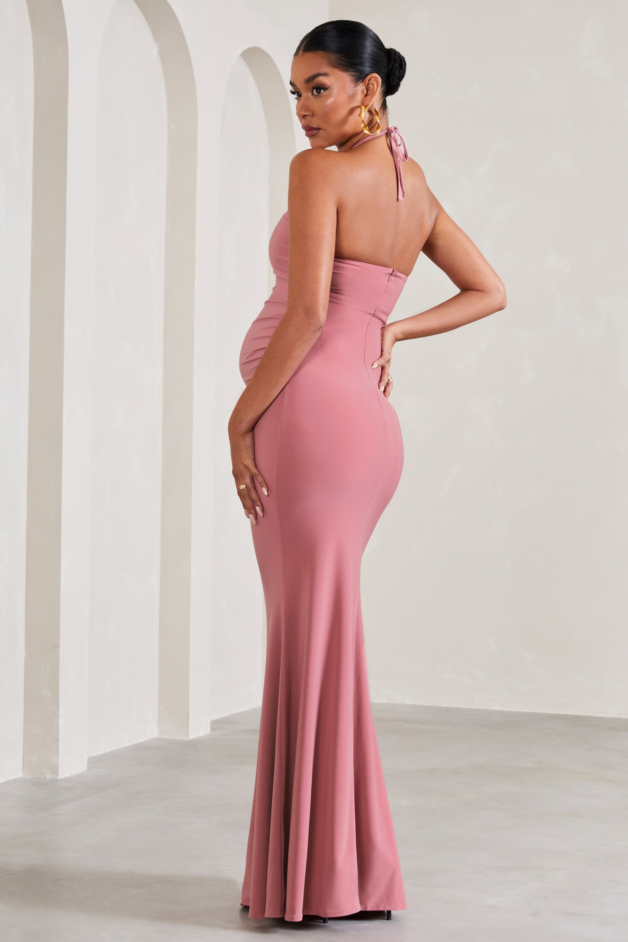 Blush Pink Halter-Neck Maternity Maxi Dress With Flower Corsage