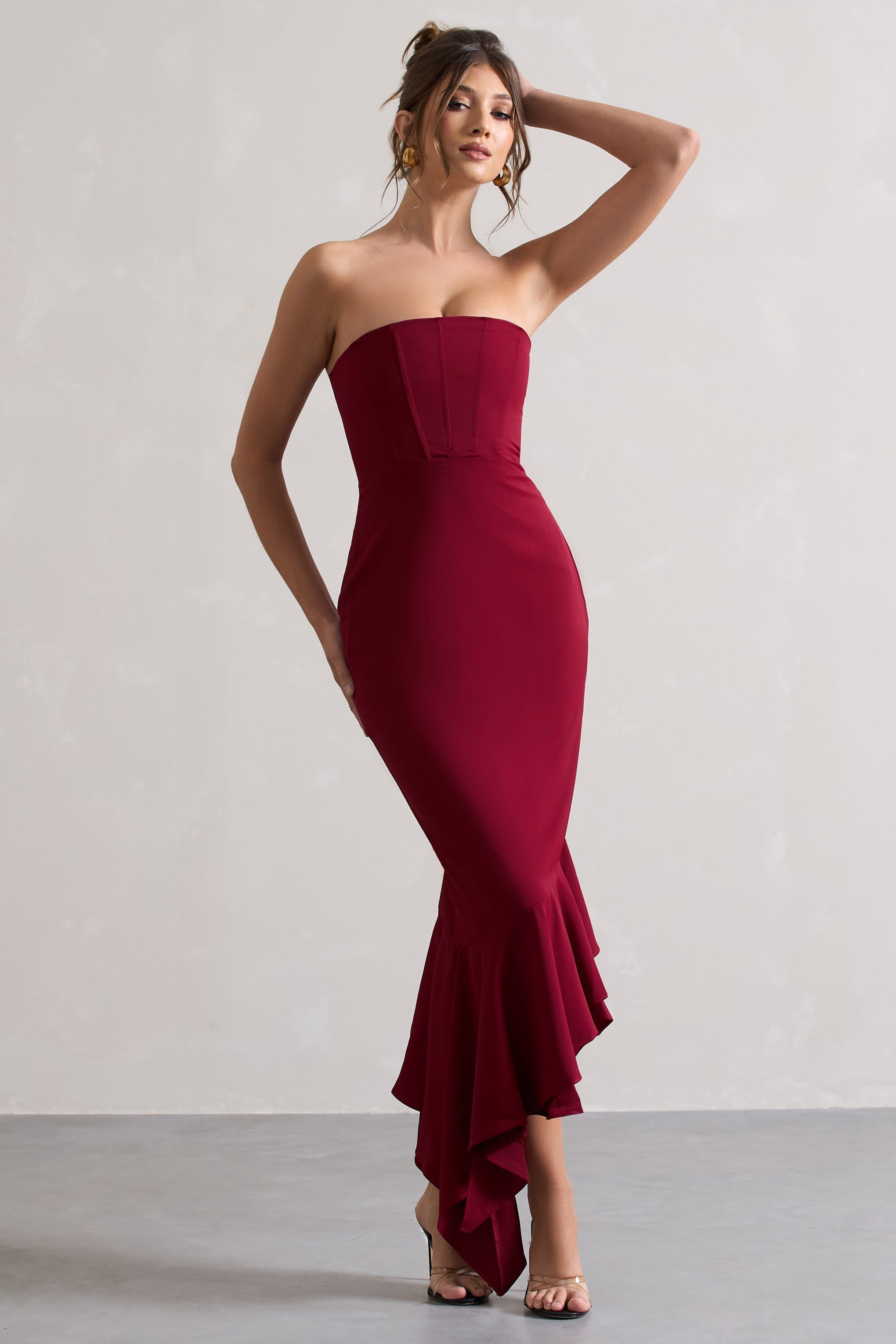 Berry Strapless Corset Asymmetric Maxi Dress