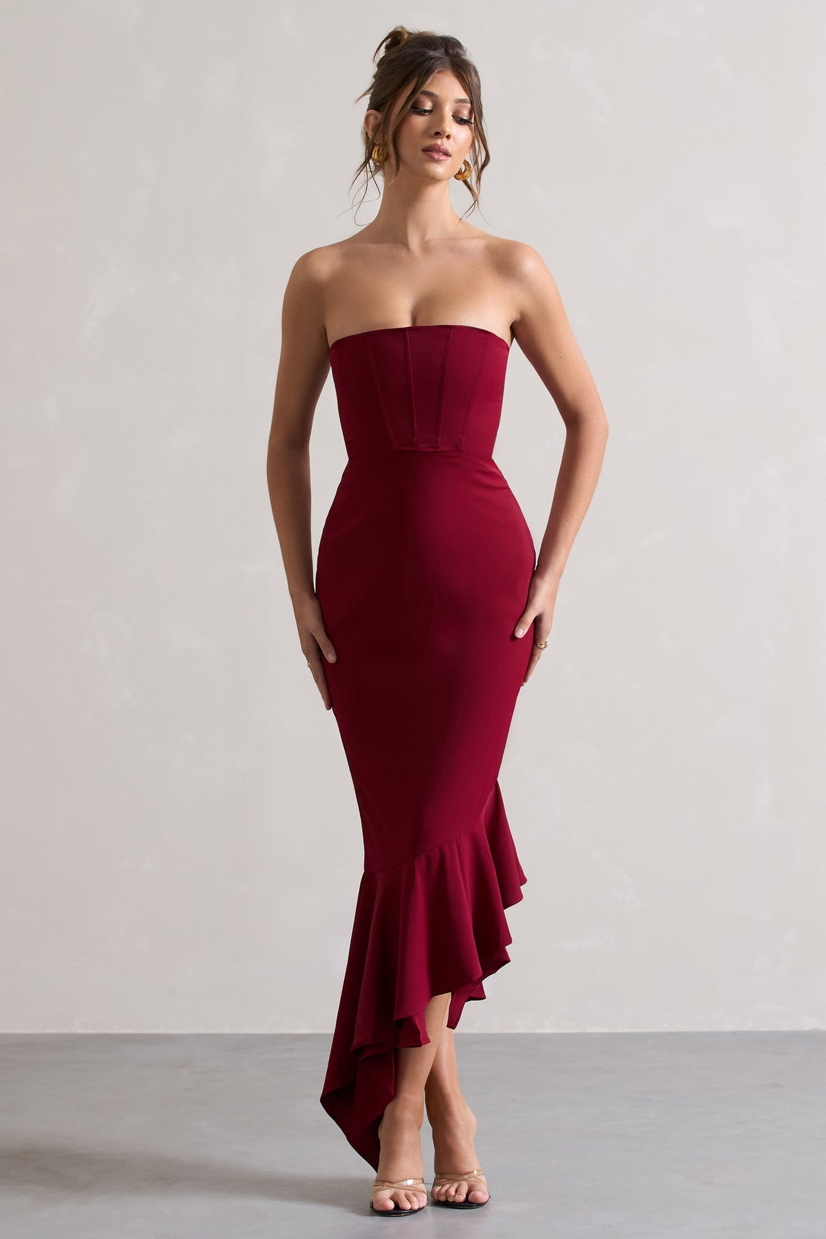Berry Strapless Corset Asymmetric Maxi Dress