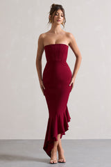 Berry Strapless Corset Asymmetric Maxi Dress