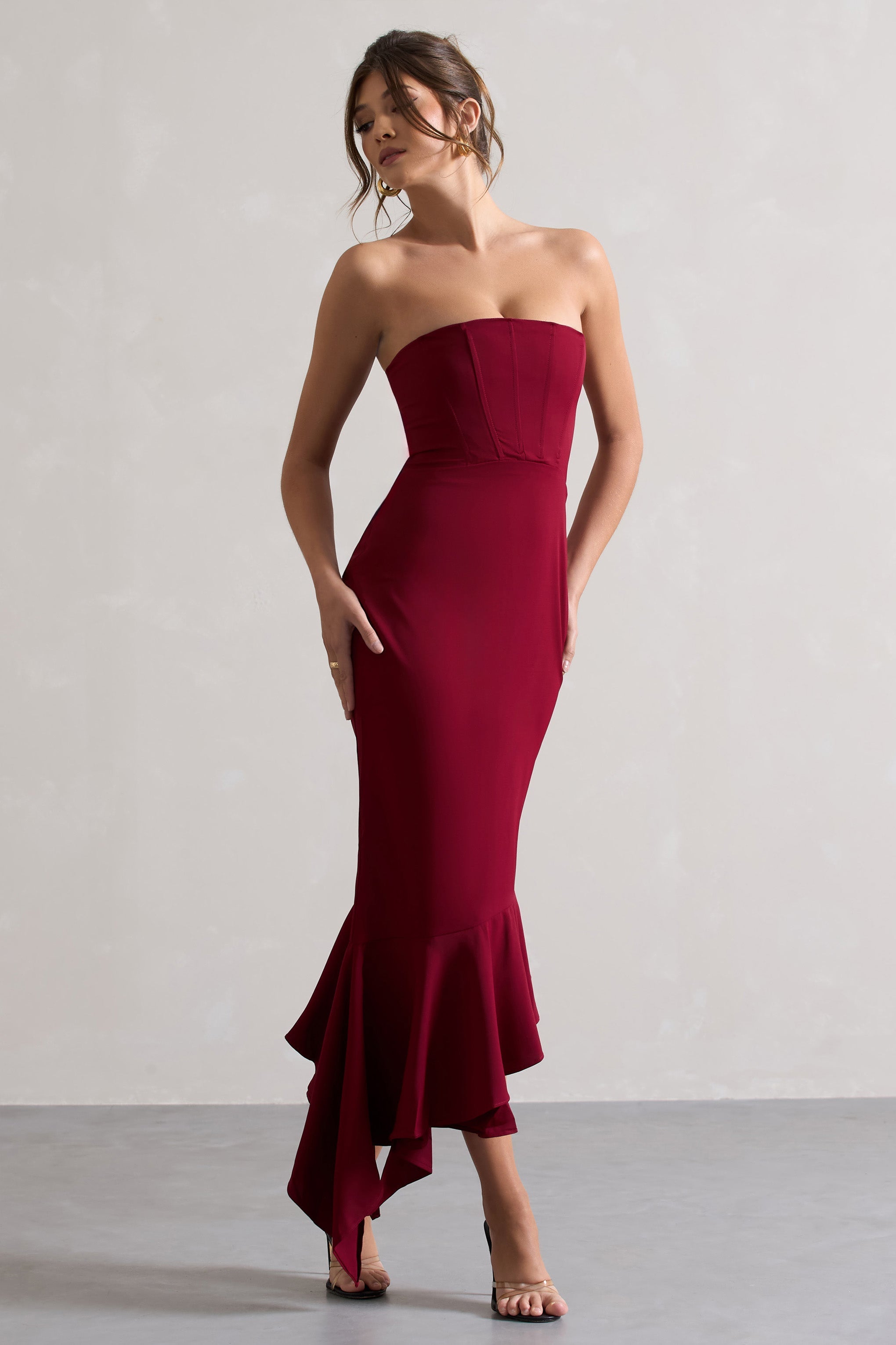 Berry Strapless Corset Asymmetric Maxi Dress