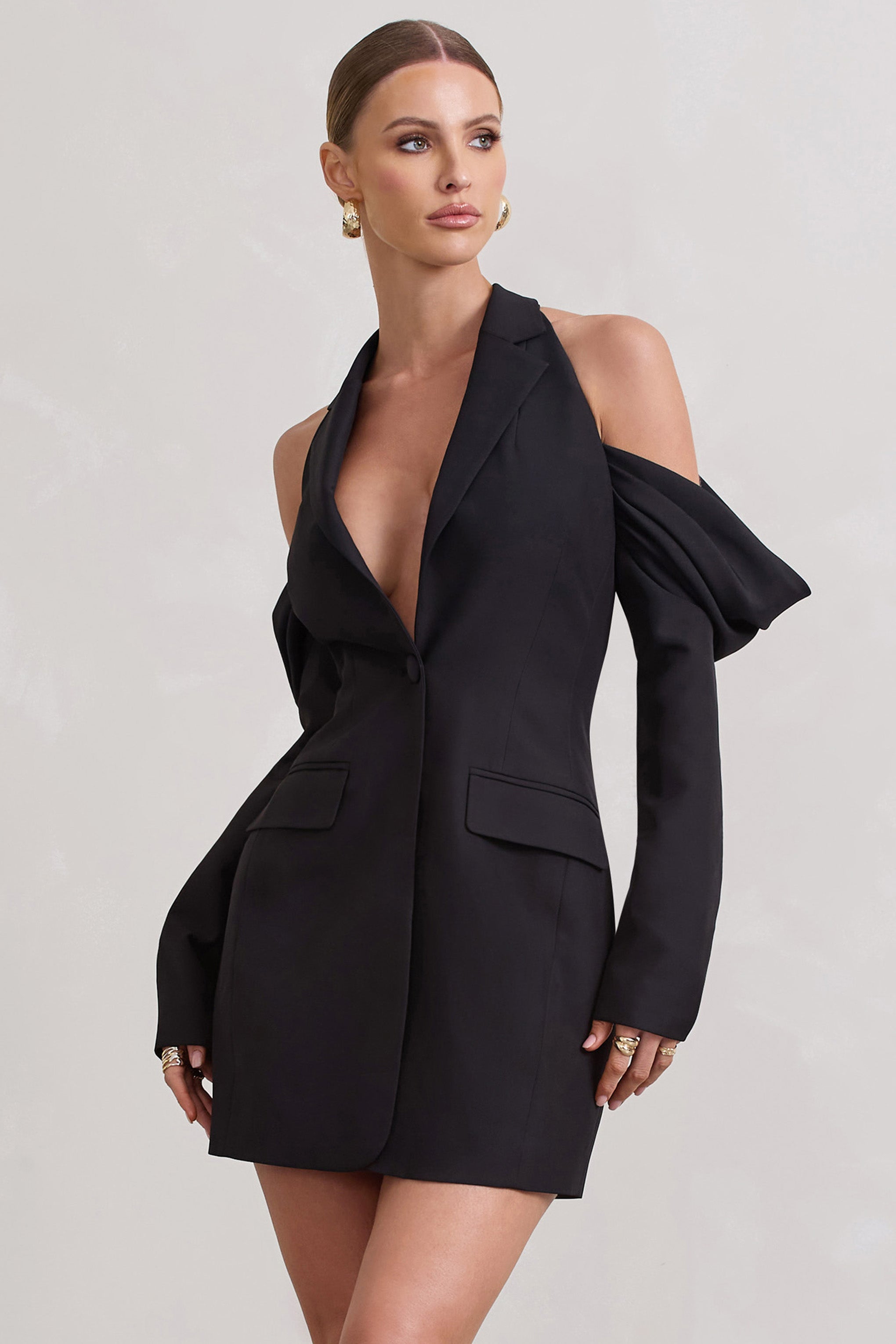 Black Plunge Draped Blazer Dress