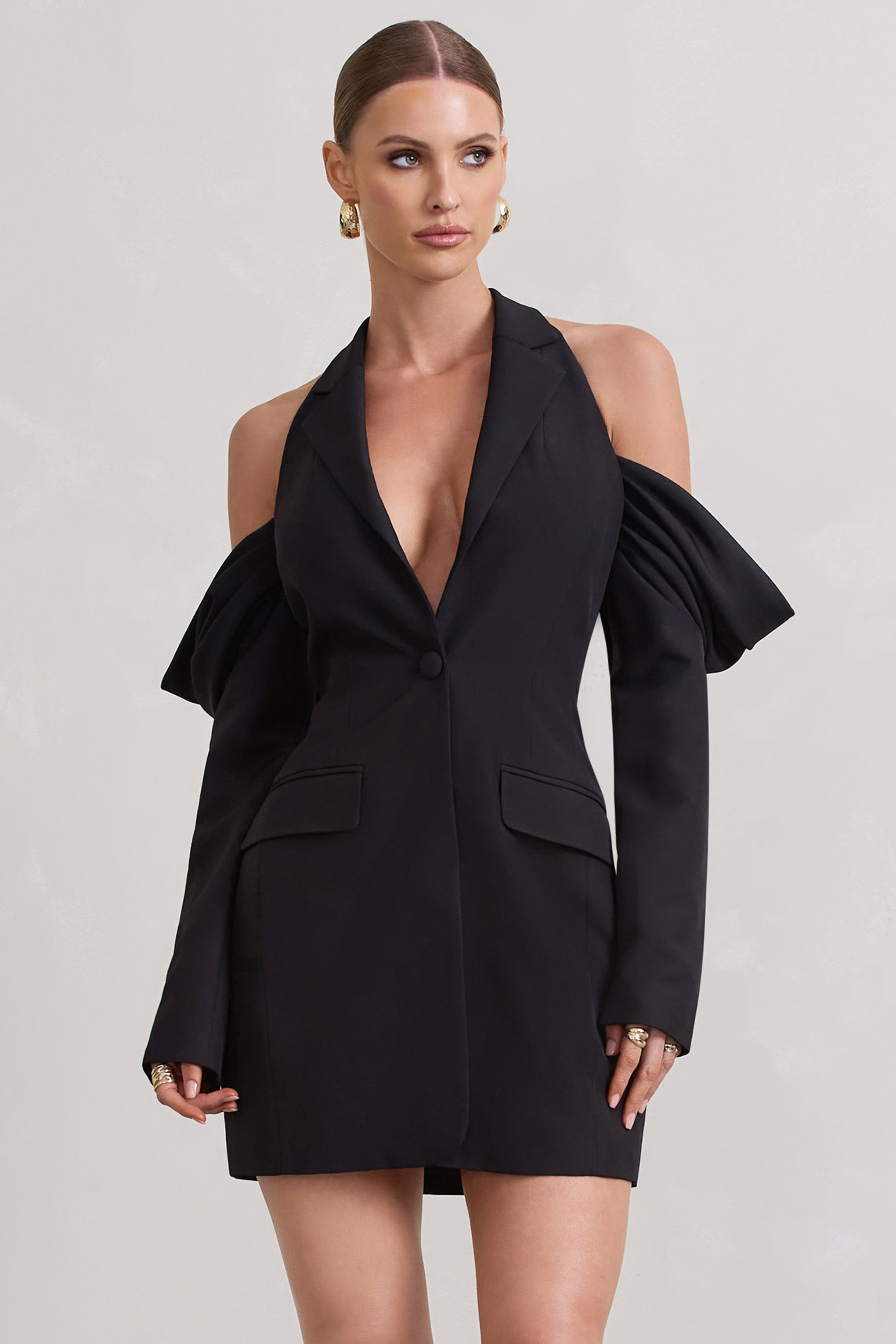 Black Plunge Draped Blazer Dress