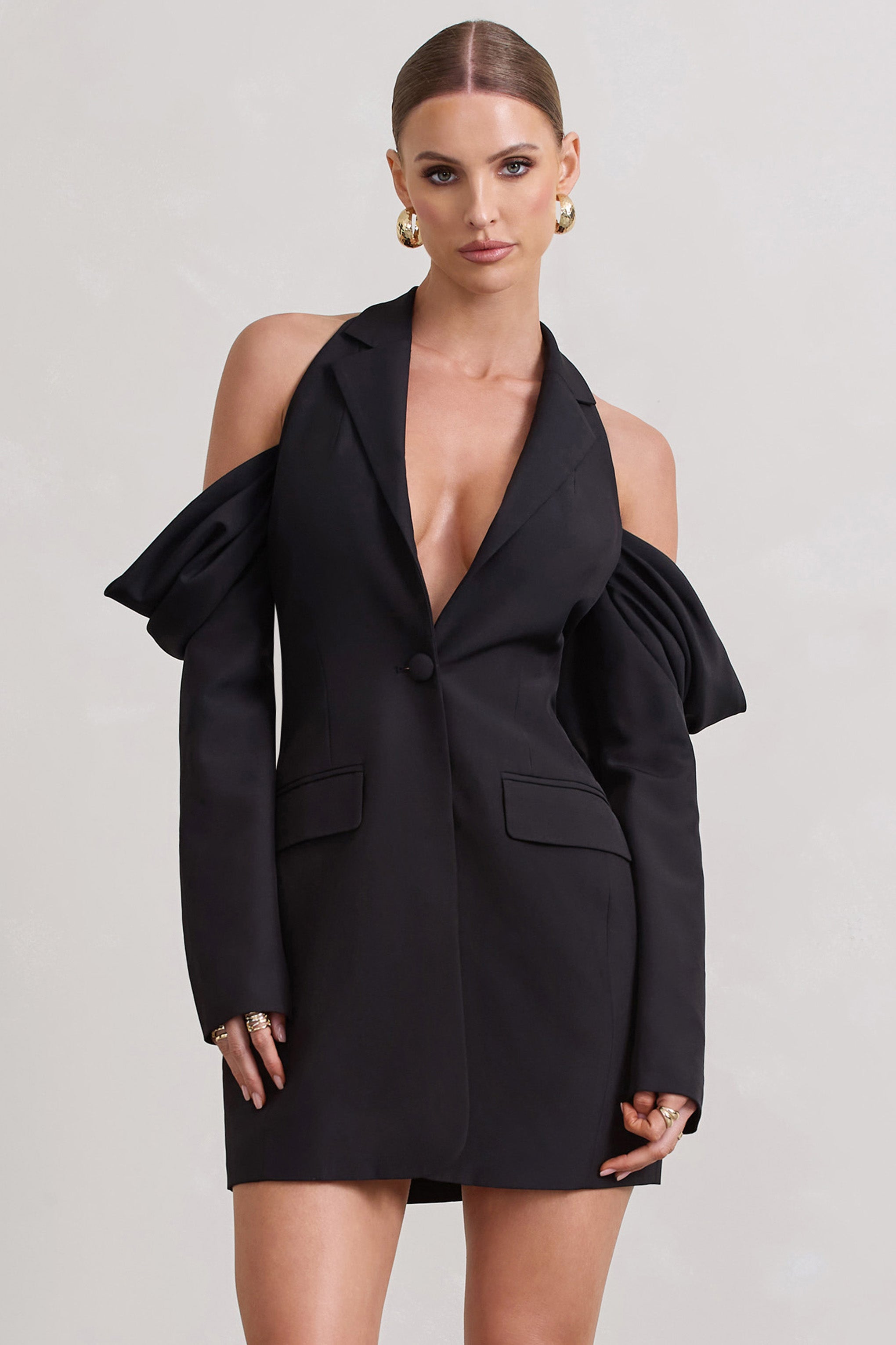 Black Plunge Draped Blazer Dress