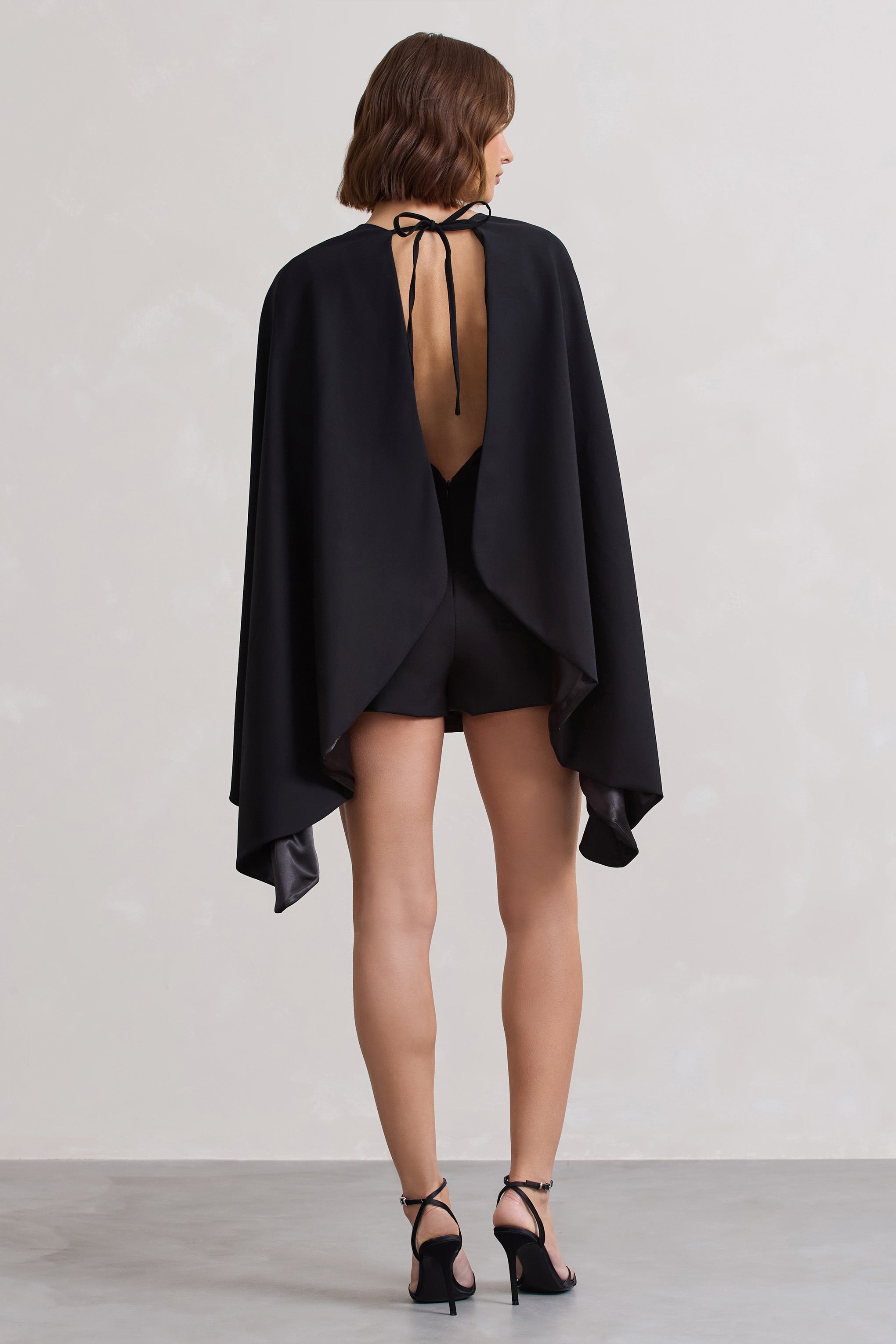 Black Backless Skort Playsuit With Cape
