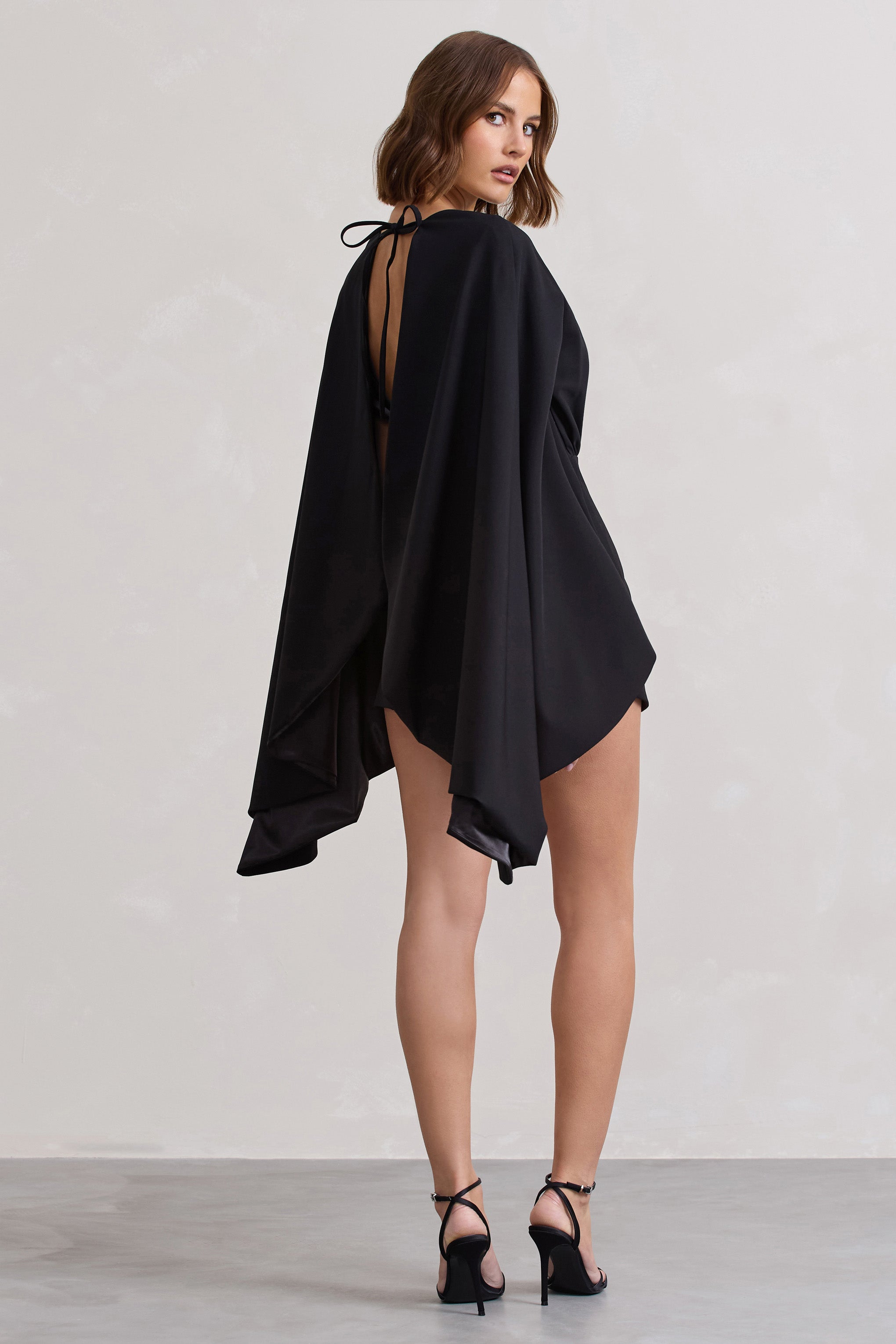 Black Backless Skort Playsuit With Cape