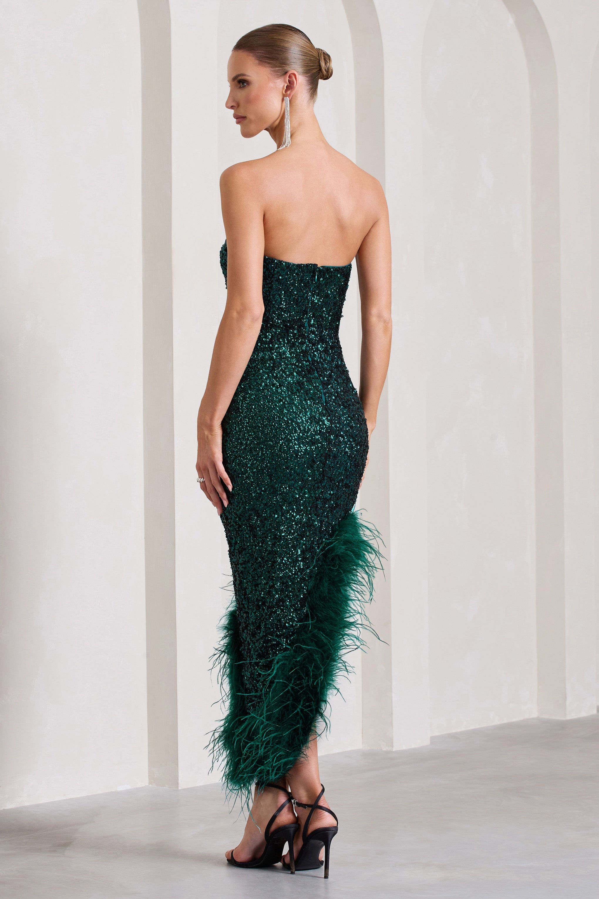 Bottle Green Sequin Asymmetric Bandeau Maxi Dress With Feathers
