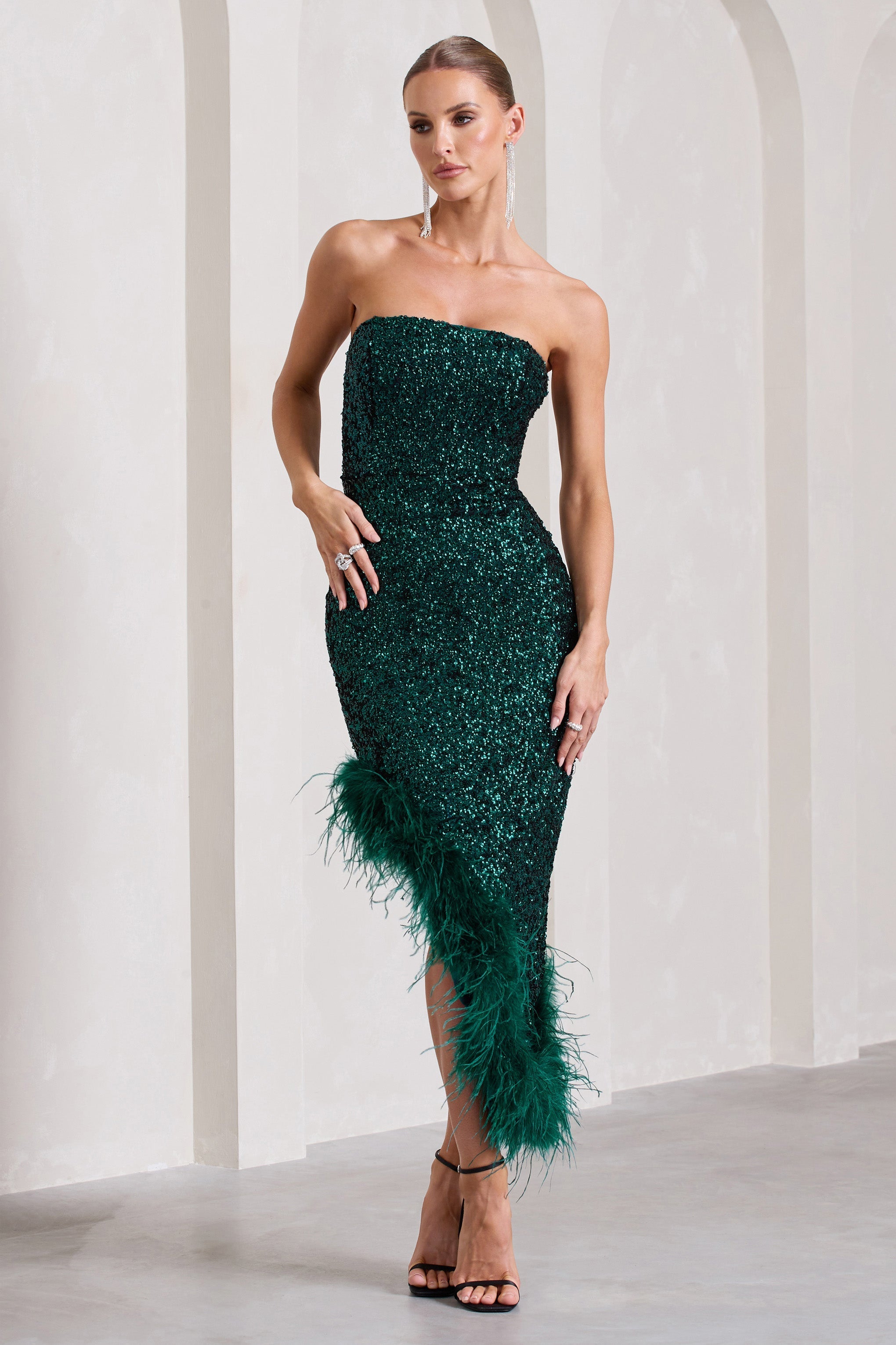 Bottle Green Sequin Asymmetric Bandeau Maxi Dress With Feathers
