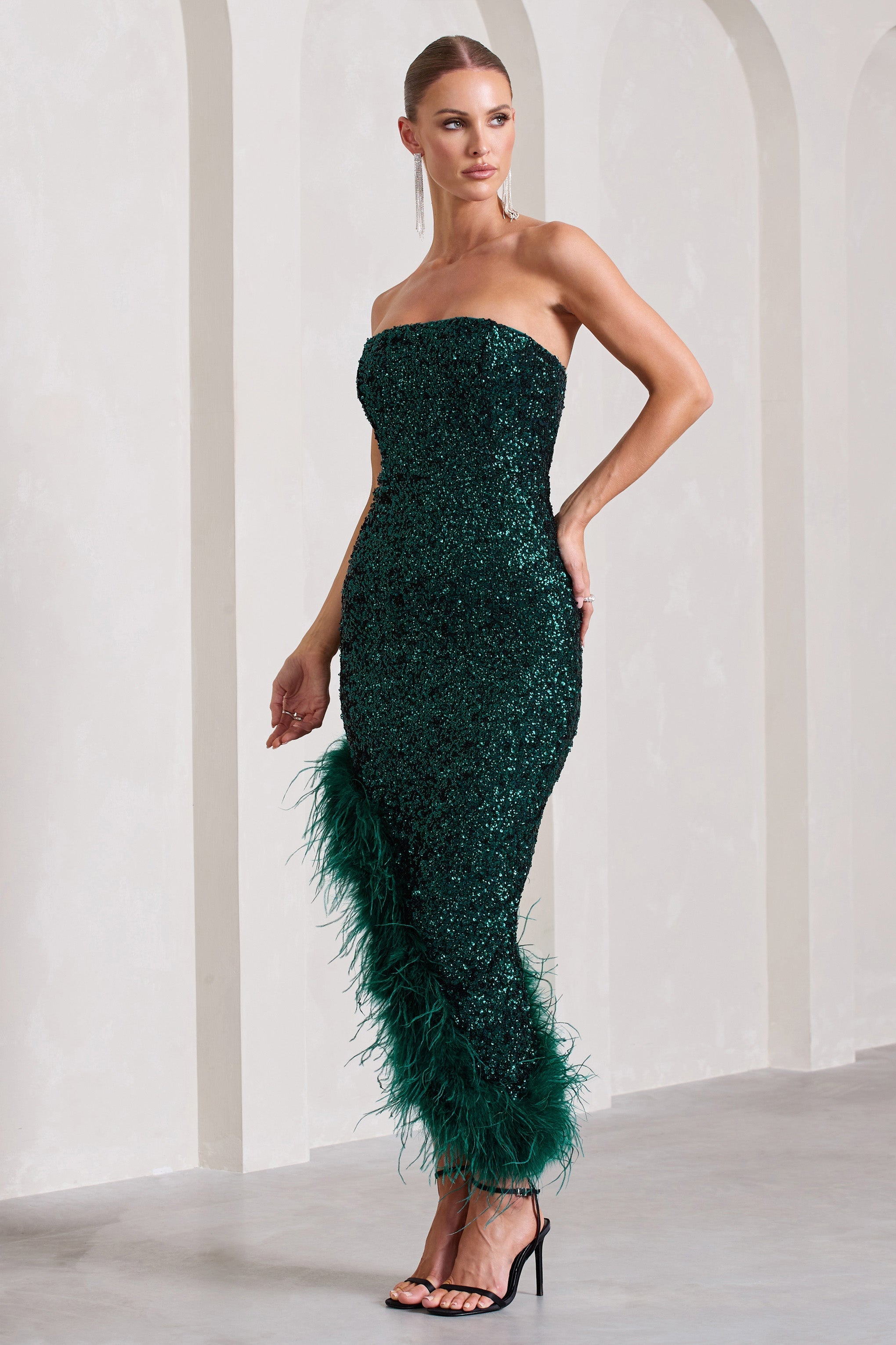 Bottle Green Sequin Asymmetric Bandeau Maxi Dress With Feathers