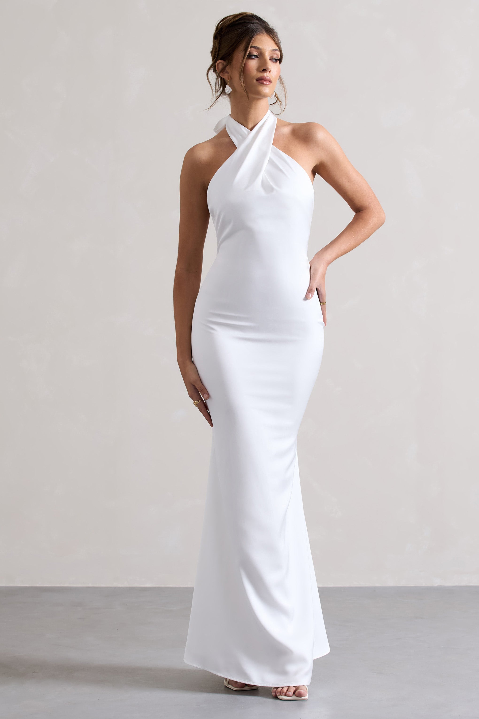 White Satin Cross Over Halter-Neck Maxi Dress
