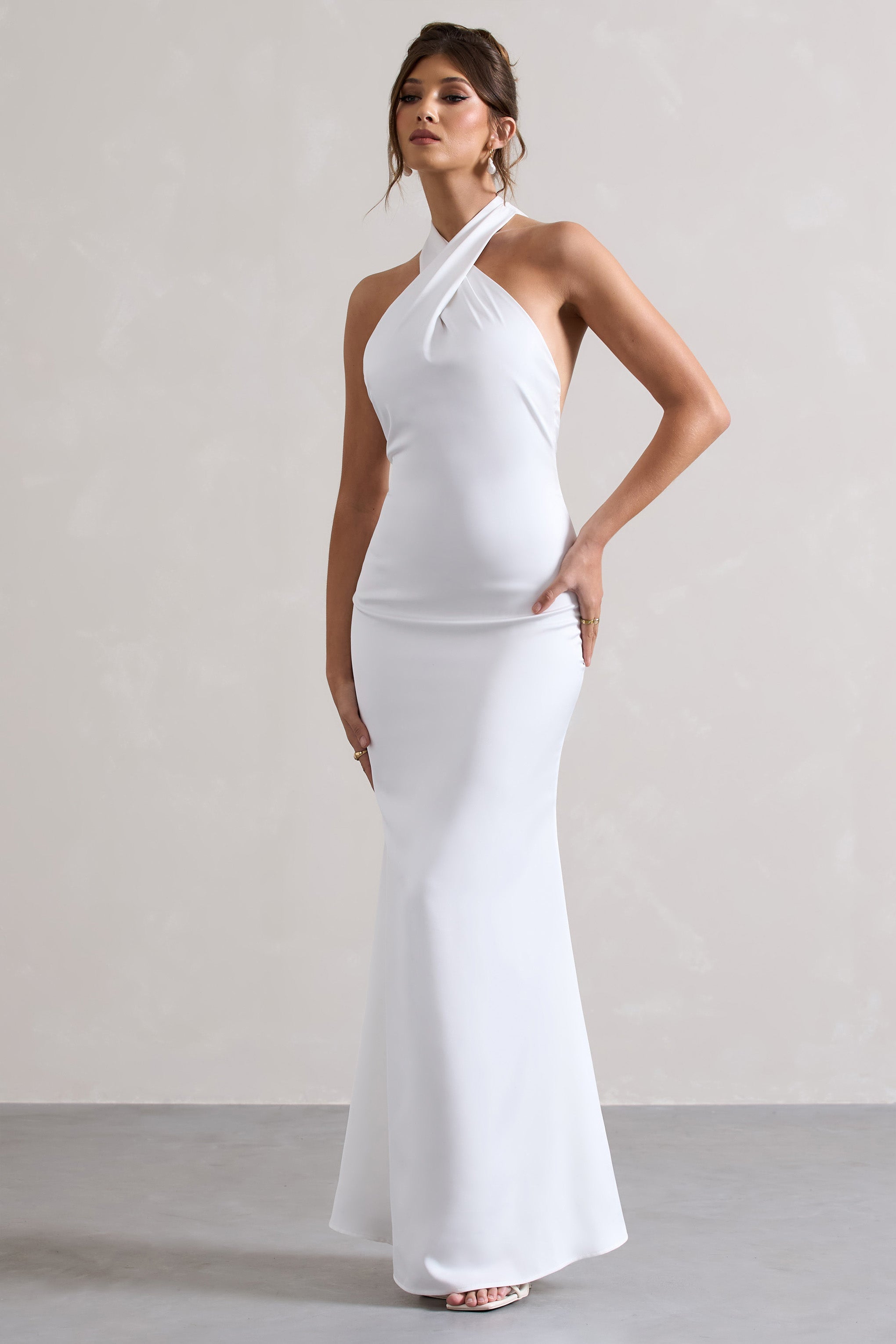 White Satin Cross Over Halter-Neck Maxi Dress