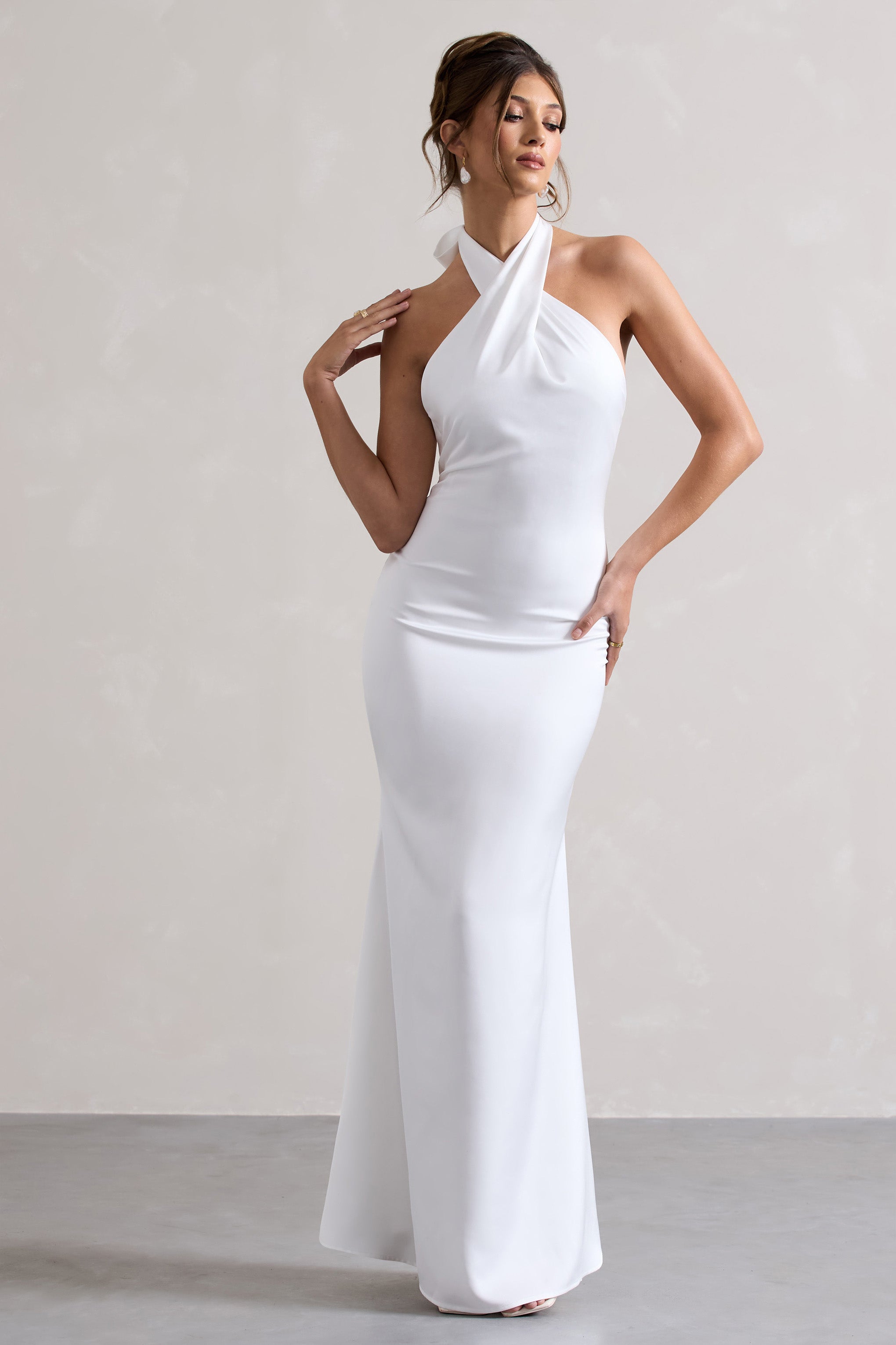 White Satin Cross Over Halter-Neck Maxi Dress