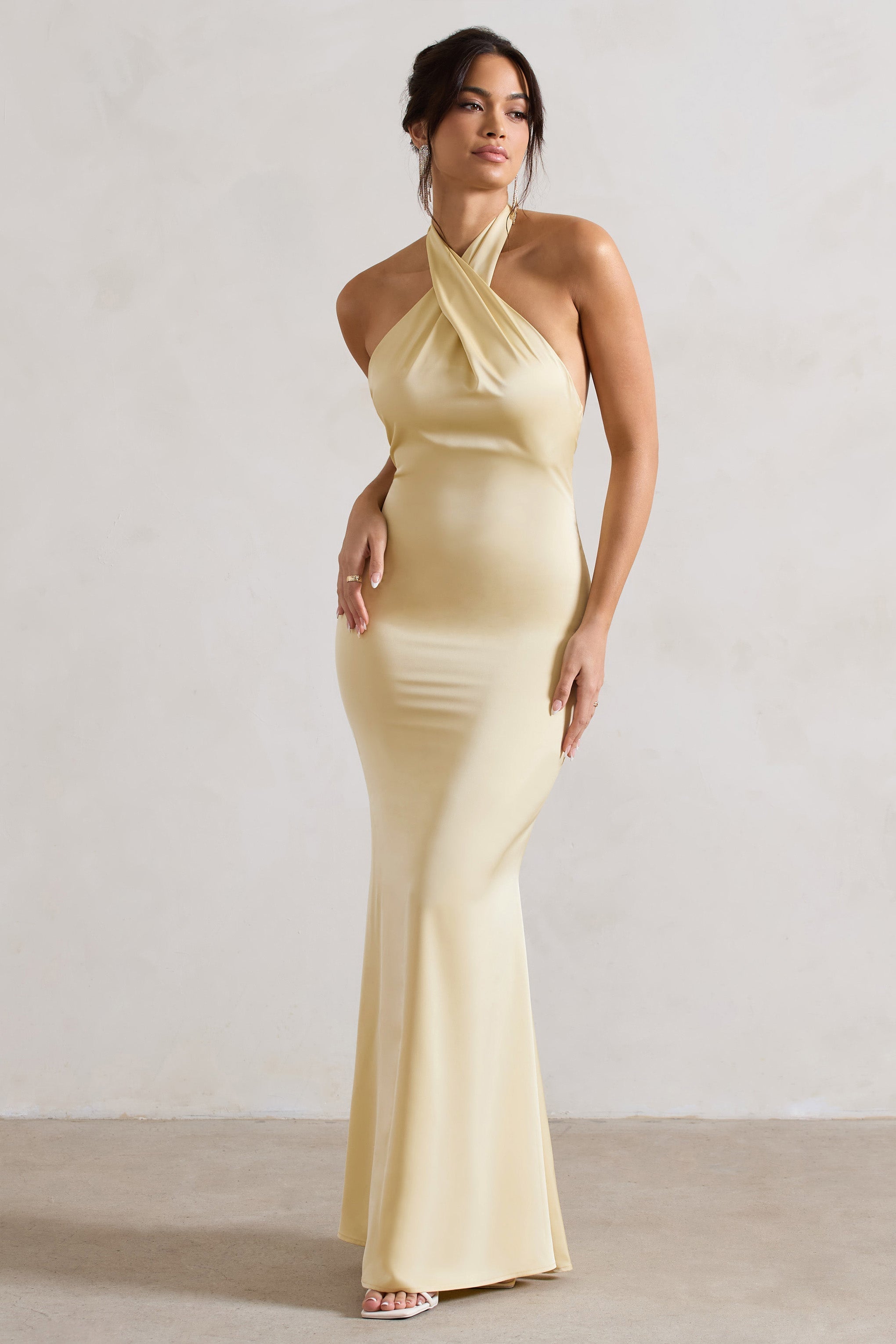 Lemon Satin Cross Over Halter-Neck Maxi Dress